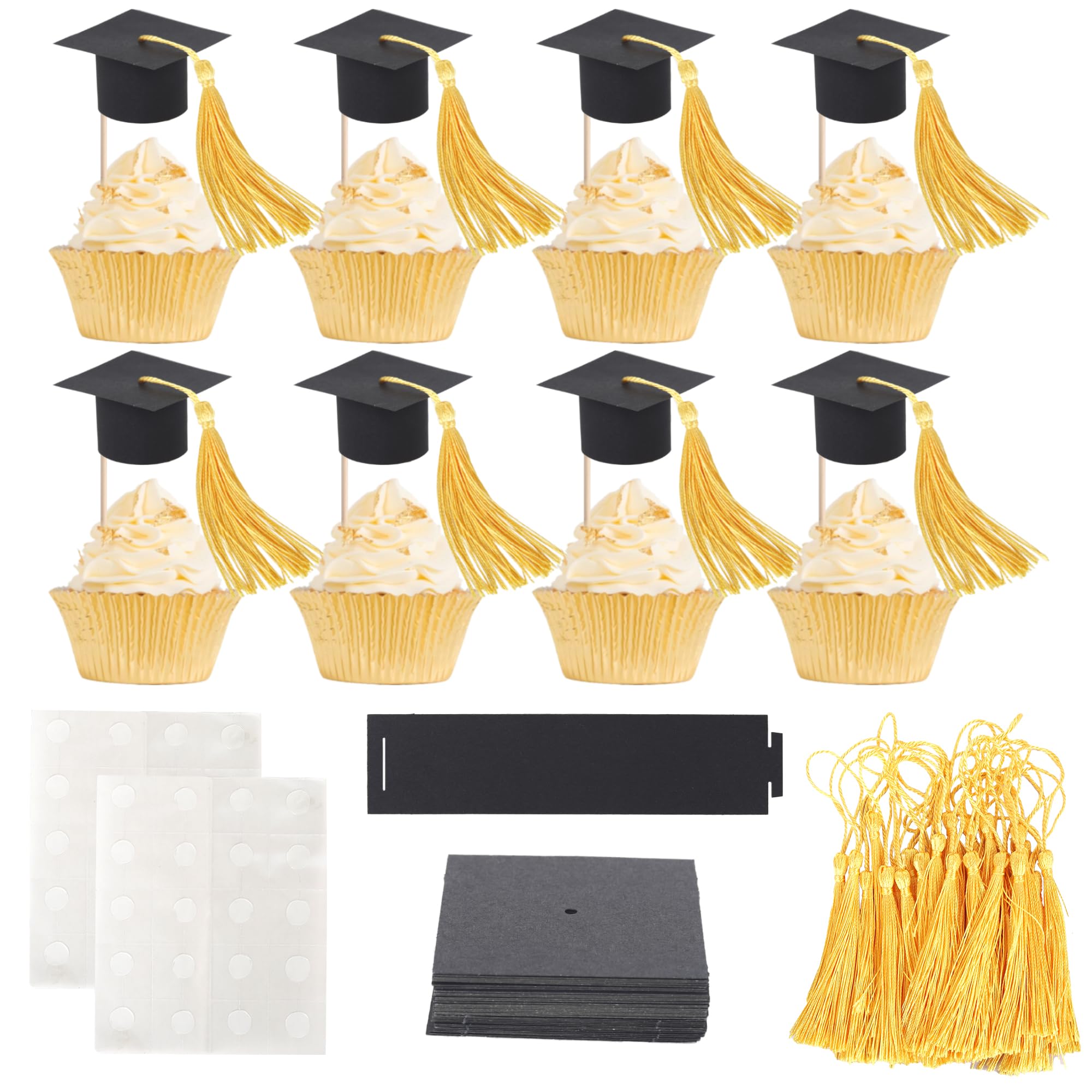 24 Pack 2026 Graduation Cap Cupcake Toppers with Gold Tassel Class of 2026 Congrats Grad Caps Cupcake Picks Mini Cap Chocolate Decorations for 2026 School Graduation Party Cake Decoration