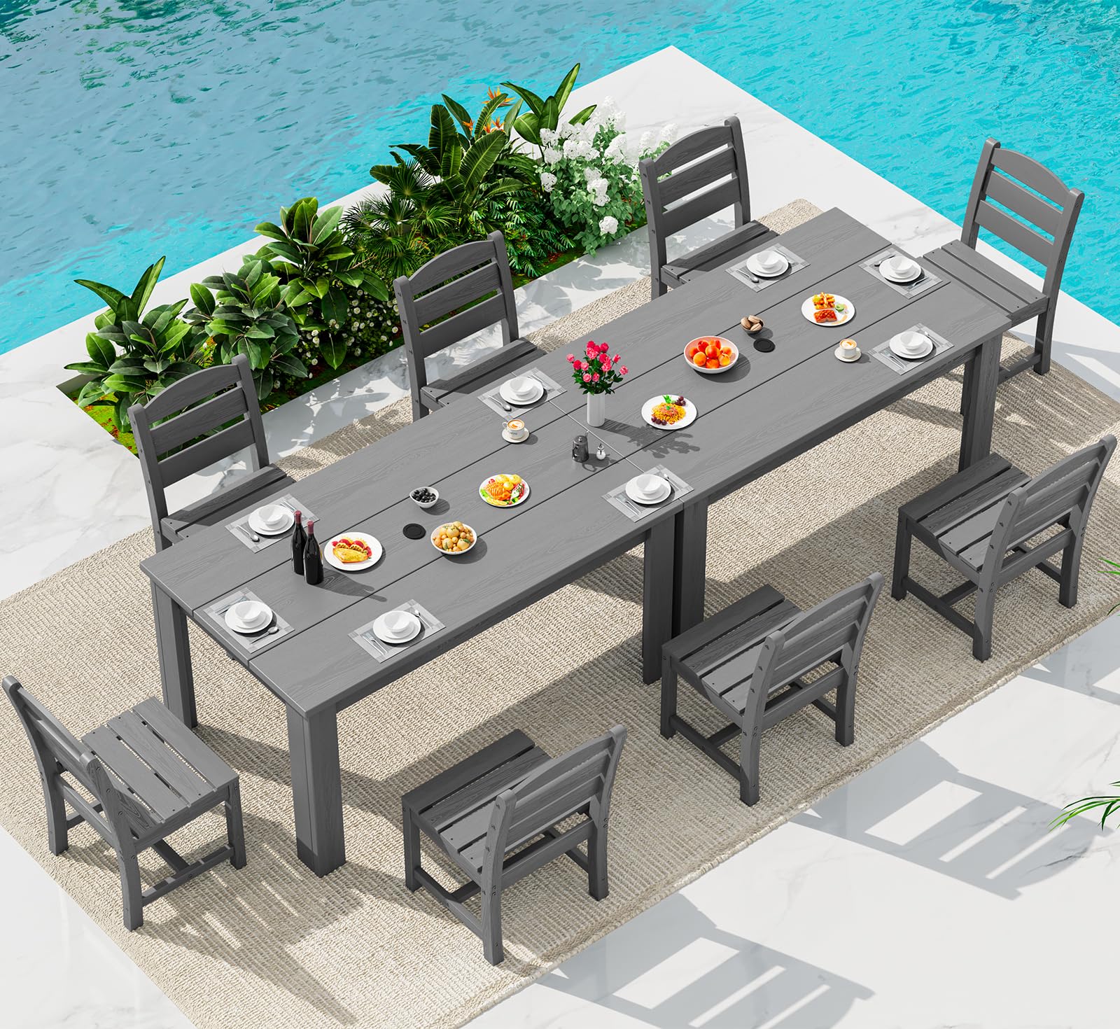 SERWALL 59" Outdoor Dining Set for 8, HDPE Dining Set, Gray