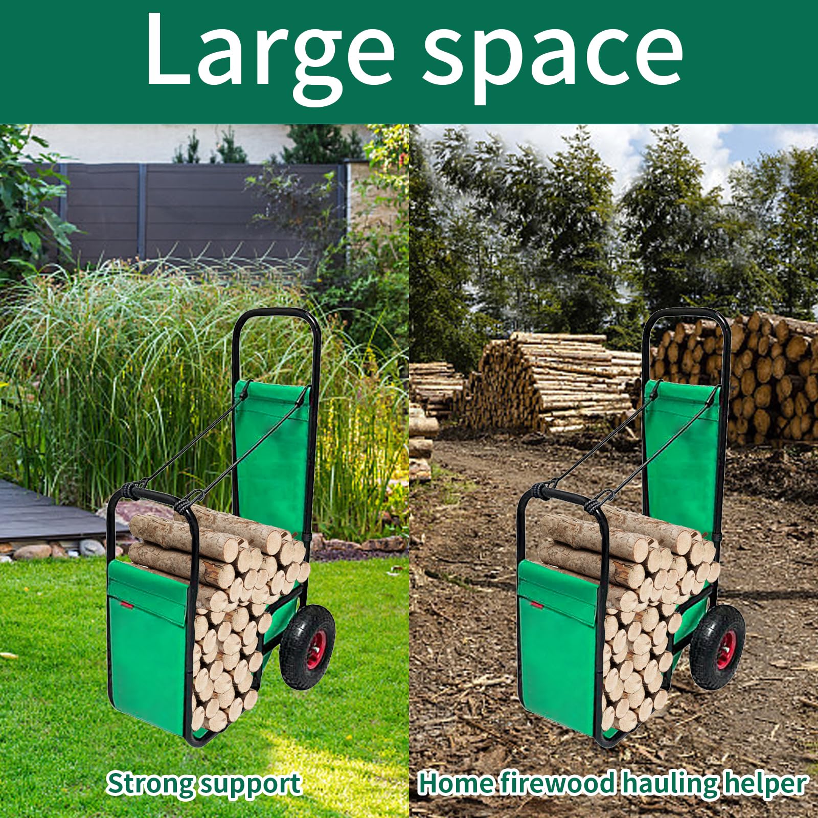 Carrello per legna da ardere con ruote in gomma, supporto per legna da ardere, 113,4 kg, nero, resistente, in acciaio, con copertura in PVC verde