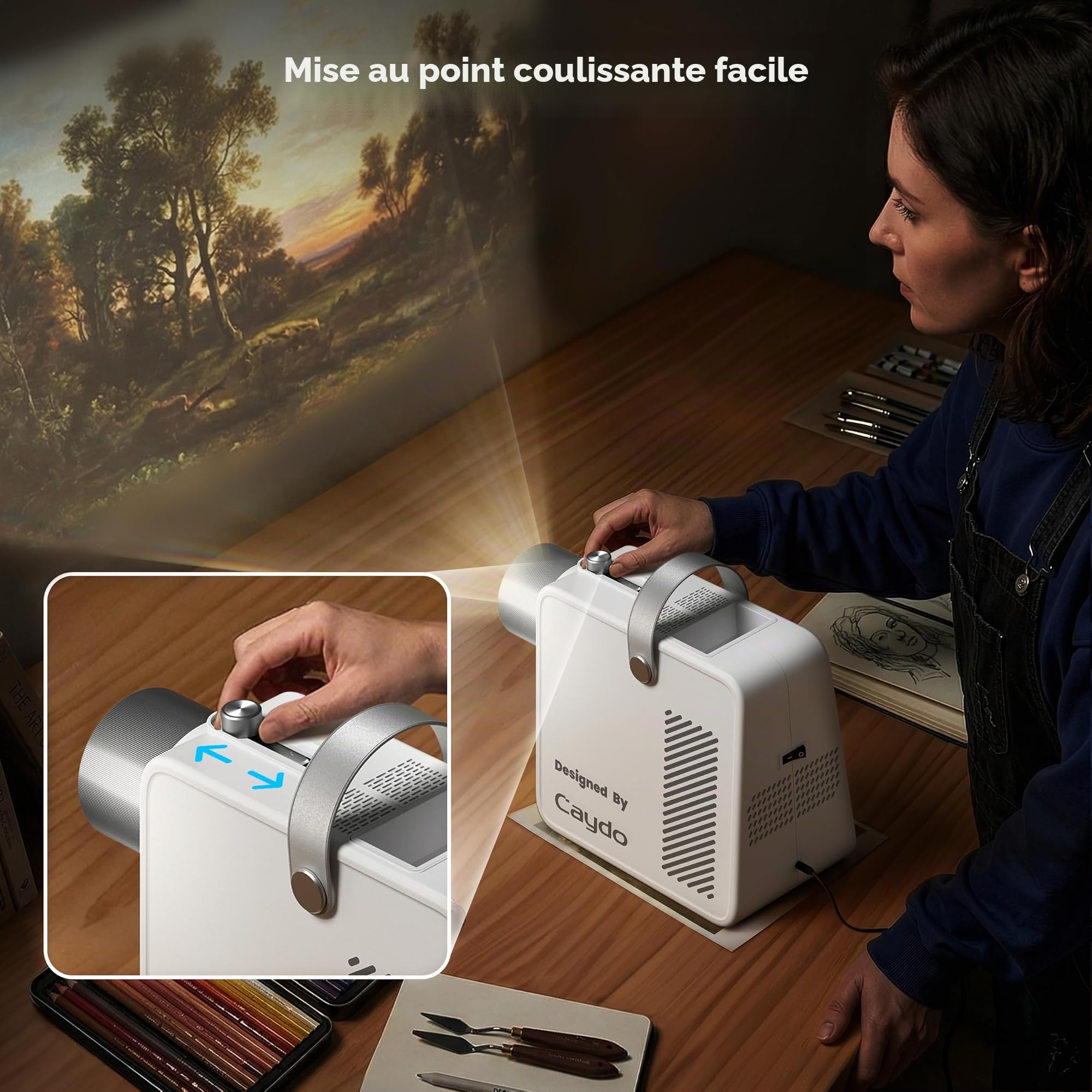 Caydo S1 Projecteur LED pour Dessin et Calque, Agrandit Les Images de 2,5X à 11X jusqu'à 80", Projecteur Portatif avec Poignée et Rangement pour Fresques Murales, Croquis, Peinture sur Toile