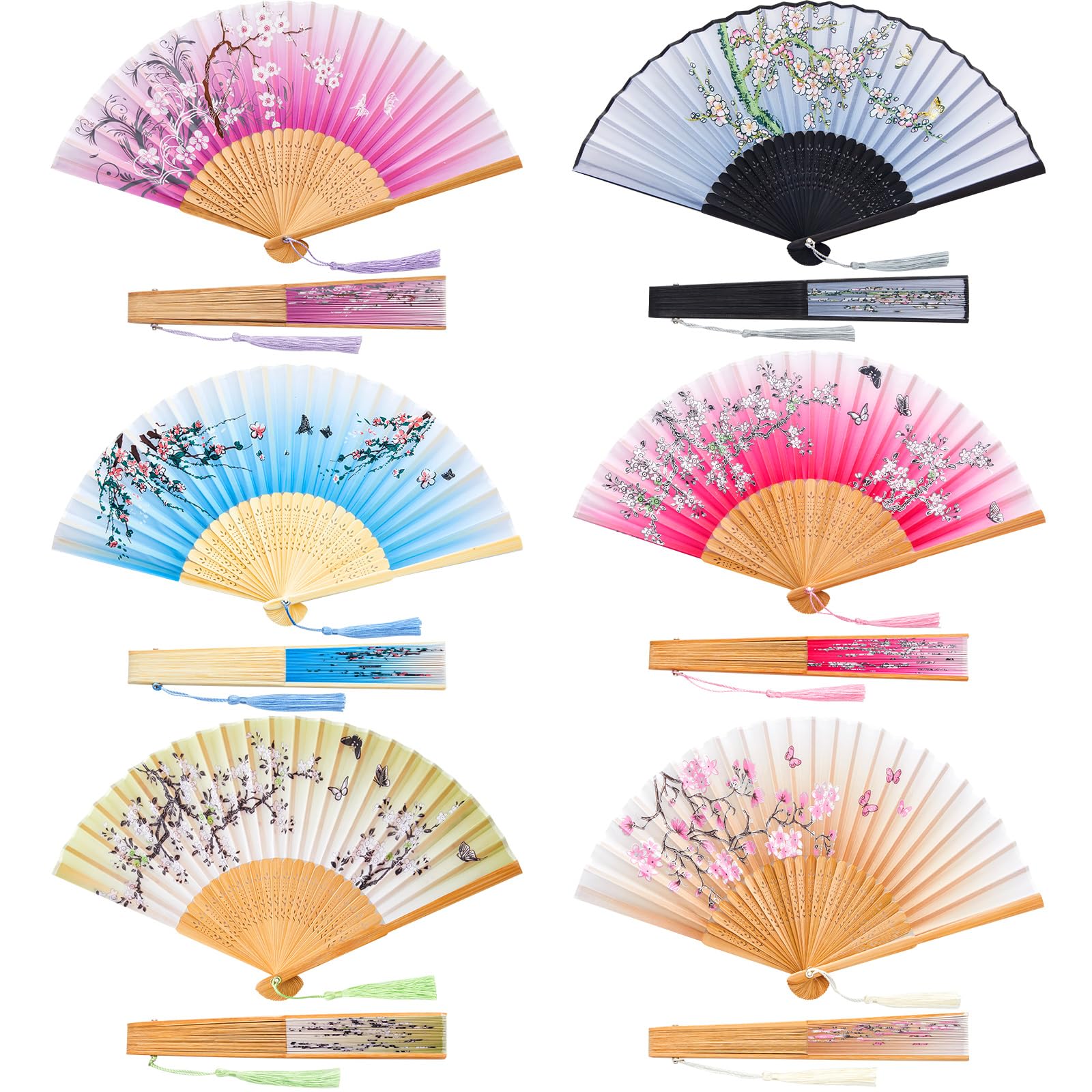 3 PCS Handheld Folding Fans Bamboo Silk Fabric Cloth Folding Fans