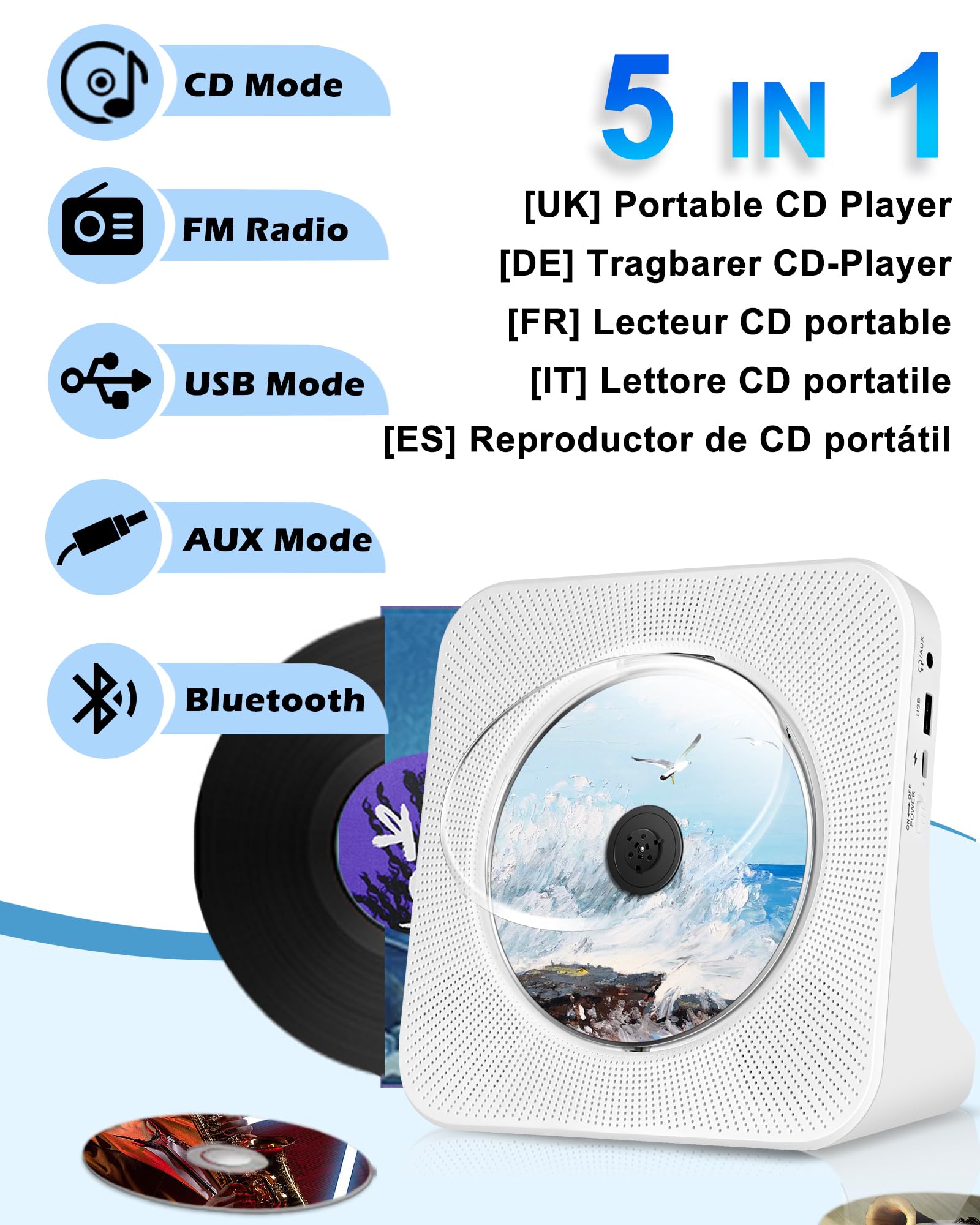 Ładowalny Przenośny Odtwarzacz CD，Wbudowany Odtwarzacz CD Bluetooth z Dwoma Głośnikami, Pilot Zdalny, USB，AUX，Domowe Odtwarzaczes CDs HiFi Stereo，Odtwarzaczs CDs Kompaktowy, Radio FM