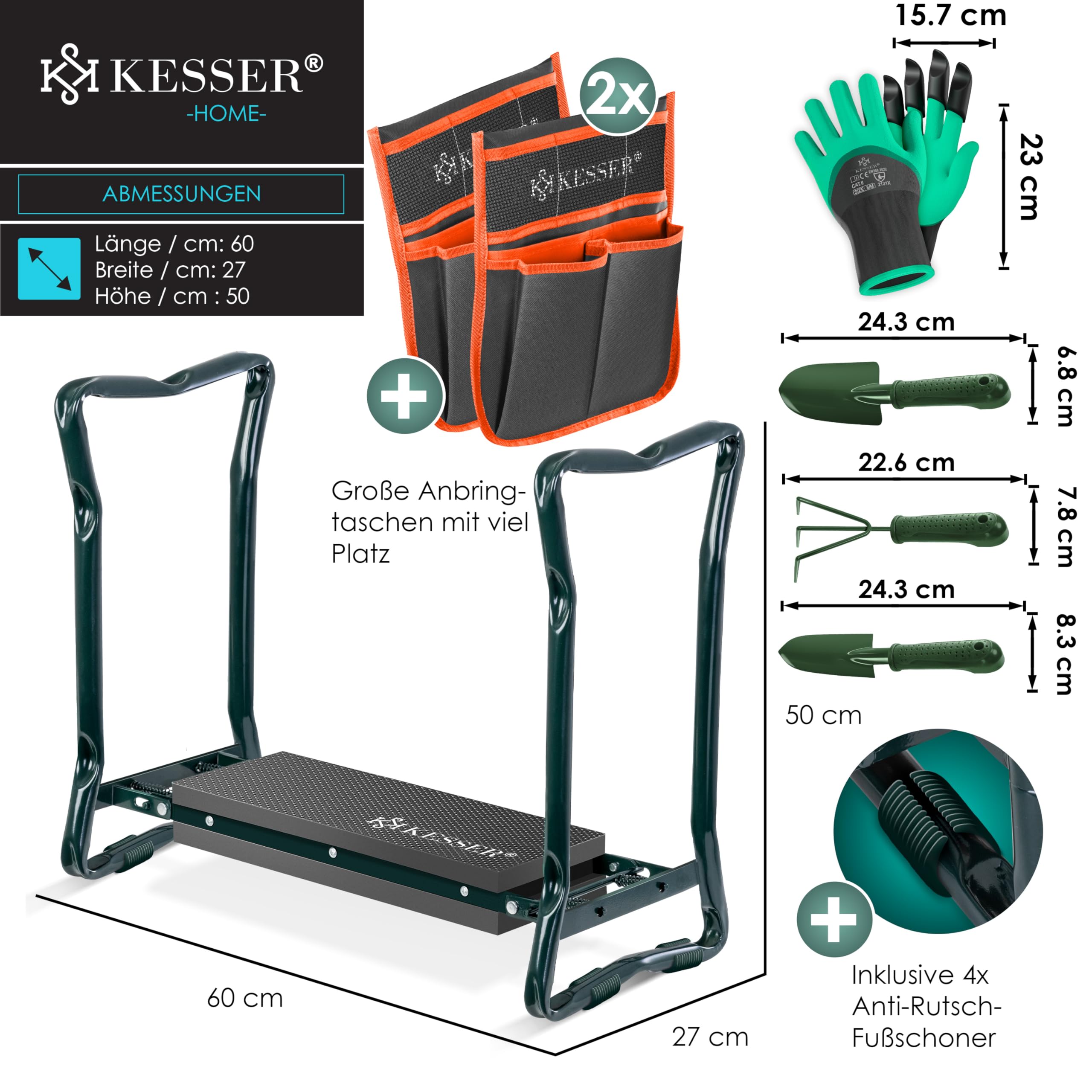 KESSER® 2 en 1 XXL Genouillère de Jardin Rembourrée Coussin d'assise avec 2X Trousses à Outils Banc de Jardin Réglable en Hauteur 60 x 50 x 27 cm jusqu'à 150 kg, Anthracite Orange