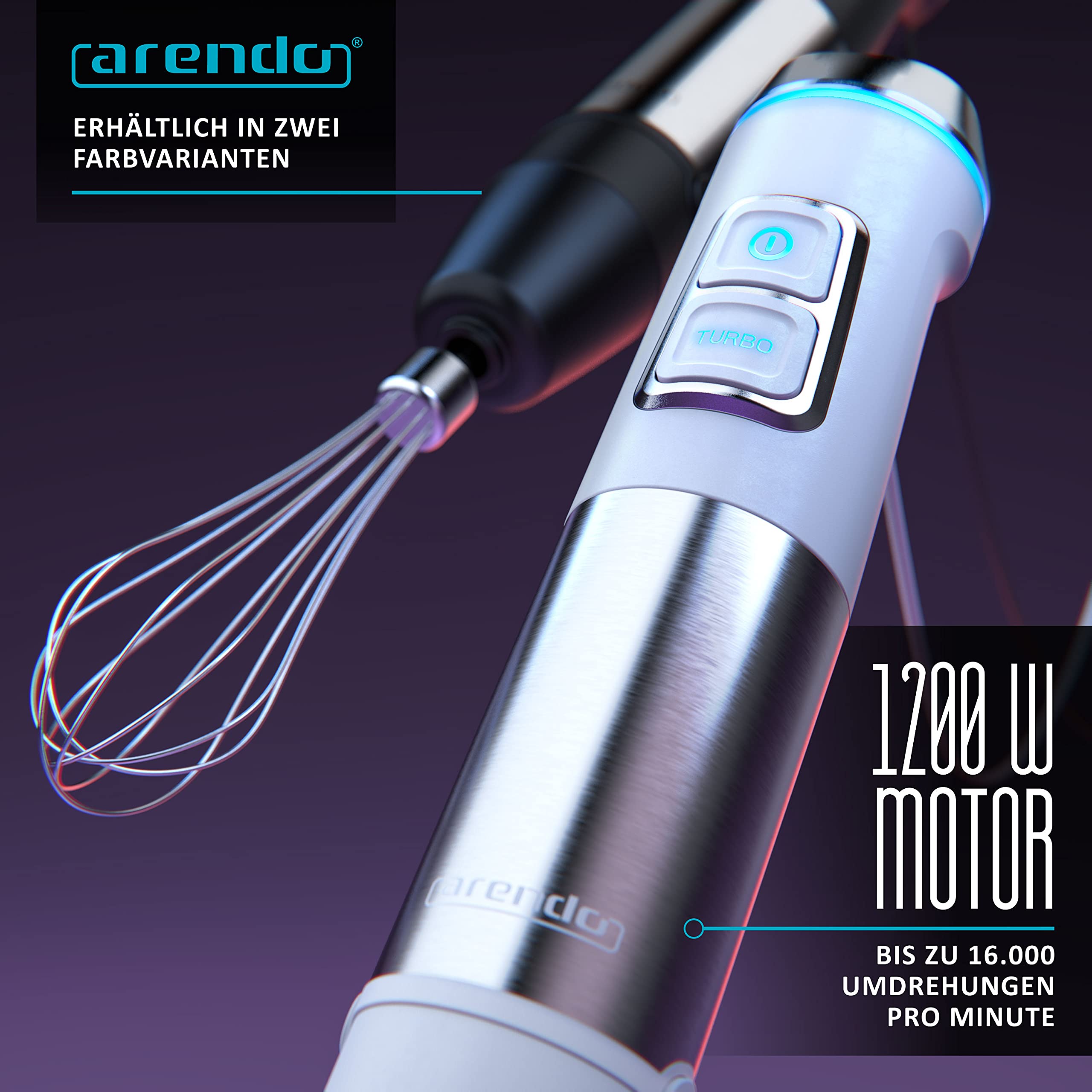 Arendo - Frullatore a immersione in acciaio inox da 1200 Watt - Frullatore ad immersione - Velocità continua - Coltello a 4 ante - Misurino da 800 ml - frusta - Piedino rimovibile