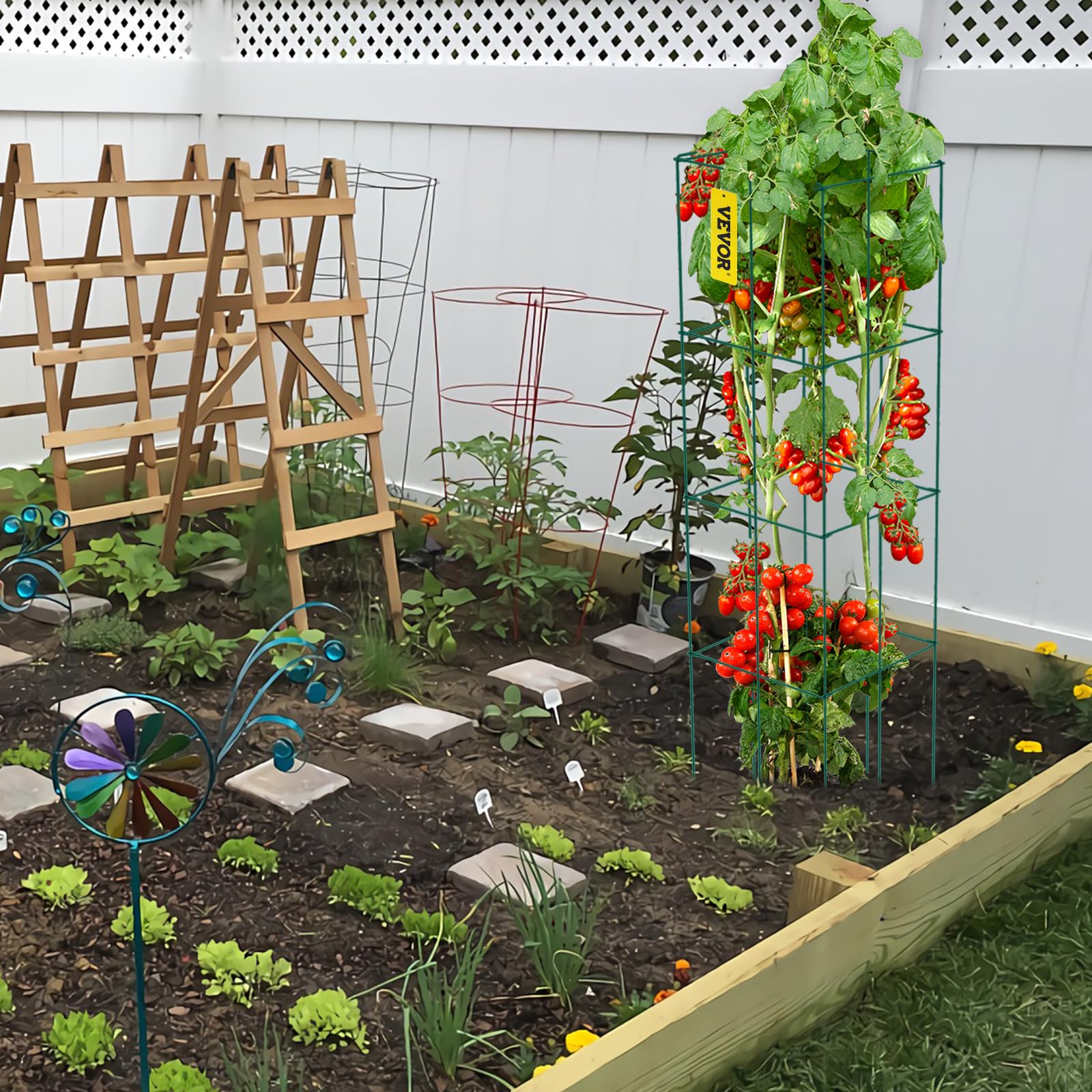 VEVOR Cages à tomates 37x37x100 cm support pour plantes de jardin 6PCS, cages carrées pour plantes robustes, tours à tomates en acier enduit de PVC vert pour légumes grimpants, plantes, fleurs, fruits