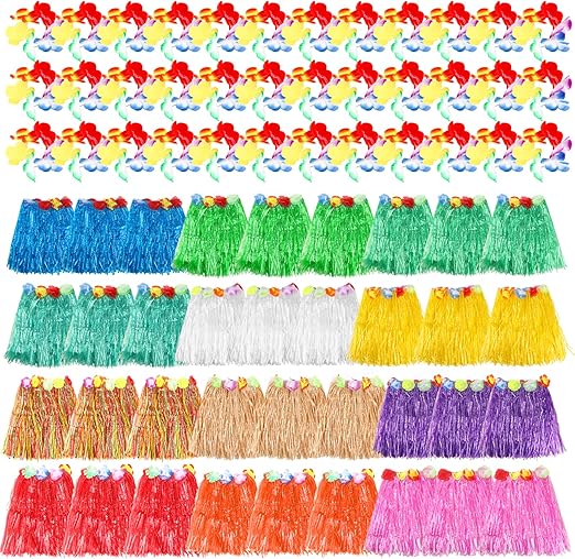 36PCS Grass Skirt with 36PCS Colorful Wristbands Leis for Women, Grass Skirts for Luau Party Adult, Hawaiian Luau Hula Skirts for Summer Beach Vacation Costume Party Decorations Favors Supplies