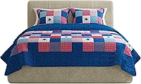 Lavish Home Caroline 3-Piece King Patriotic Quilt Set - Reversible Americana Stars Plaid Microfiber Bedspread with Shams