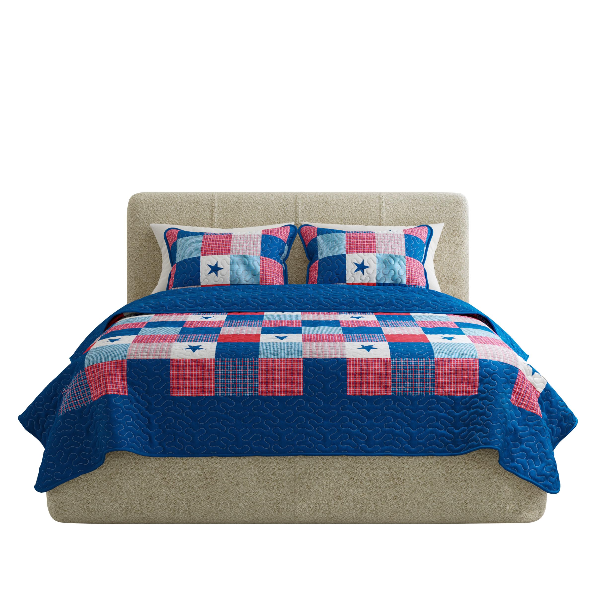 3-Piece Caroline Patriotic Quilt Set - Americana Stars and Plaid Patchwork Bedding - Full/Queen Bed Spread with 2 Pillow Shams by Lavish Home