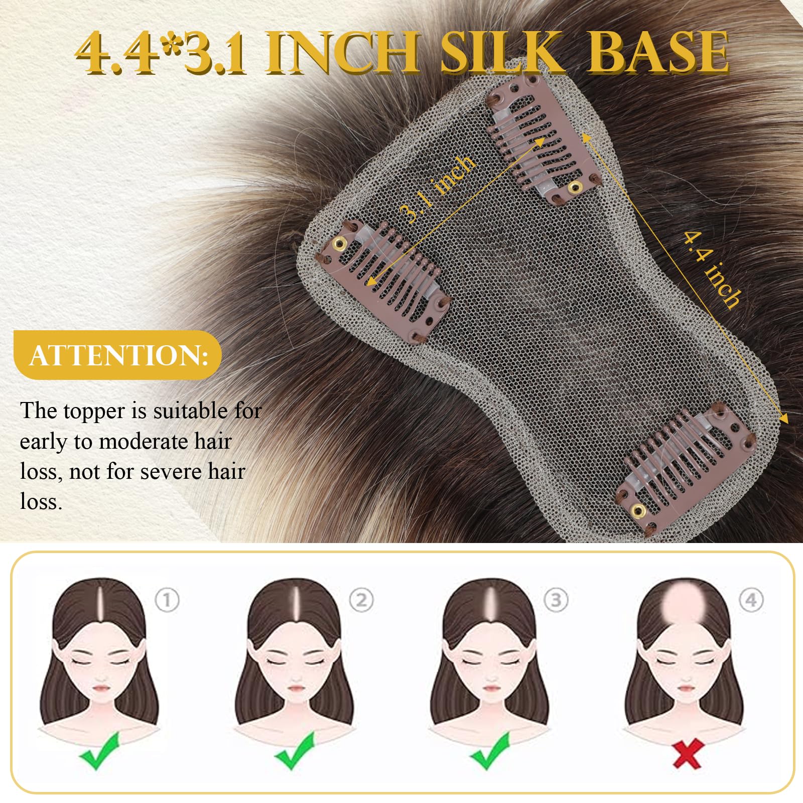 2T613 Haarteil aus 100 % Echthaar für Damen, Echthaar, 25,4 cm, Ombré-Hellbraun mit blonden Highlights, mit Pony, Schweizer Basis, Clip in Pony für dünner werdendes Haar