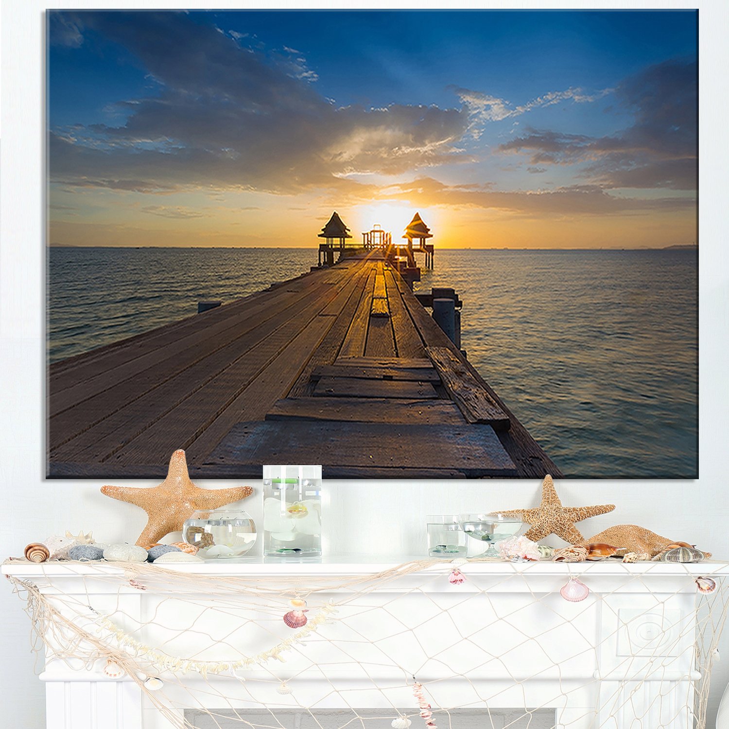 PT10627-40-30 Huge Wooden Setting Sun-Sea Pier and Bridge Wall Art Canvas-40X30, 30'' H x 40'' W x 1'' D 1P