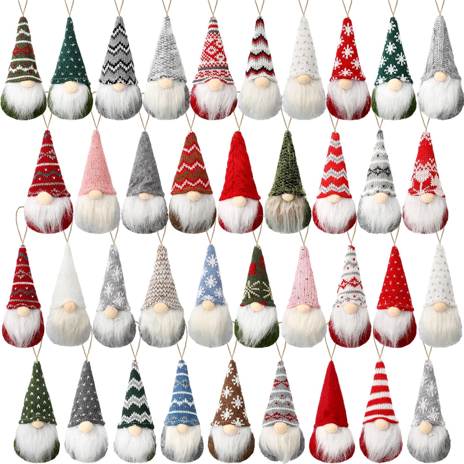 Hiboom 36 Pcs Christmas Ornaments Gnomes Bulk, Christmas Tree Gnome Decorations Hanging Handmade Swedish Plush Santa Scandinavian Beard Design for Home Xmas Holidays Decor