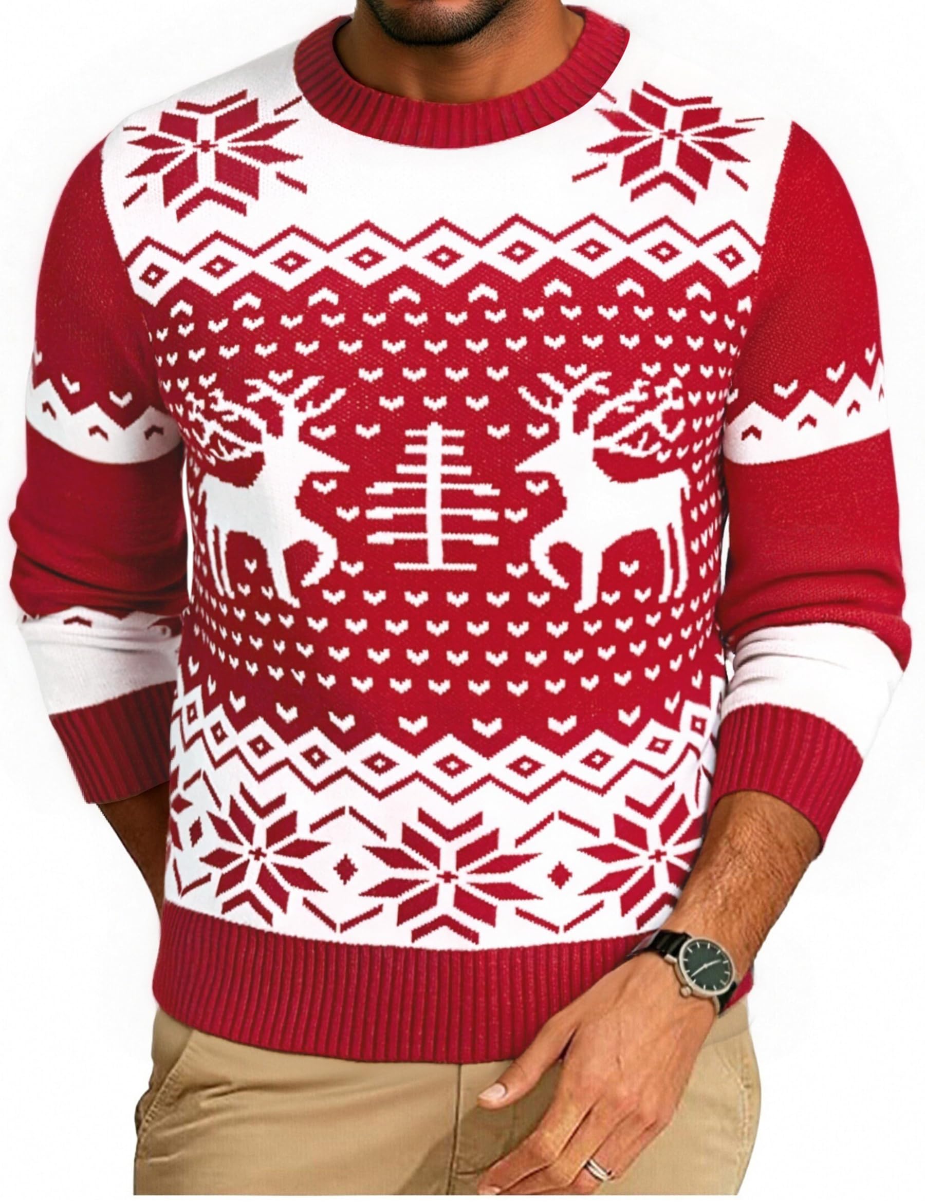 Demegimi Jersey de Navidad Hombre Invierno Suéter de Navidad Cuello Redondo Christmas Jumper Hombre Manga Larga S-XXL
