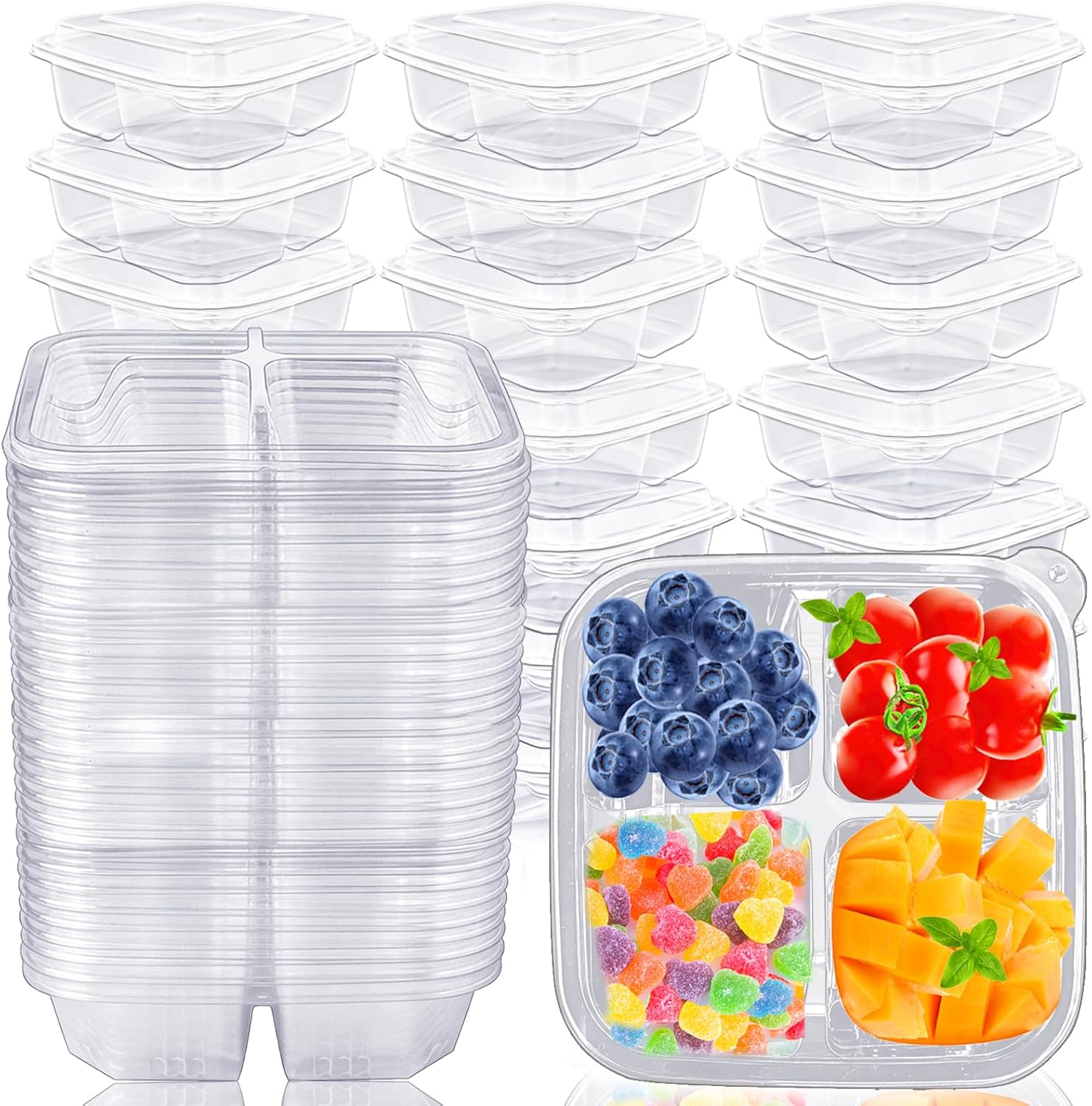 Szsrcywd 30 Pack Clear Bento Snack Containers with Lids,4 Compartment Meal Prep Container for Lunch Food Fruit Storage Box Travel Picnic Office
