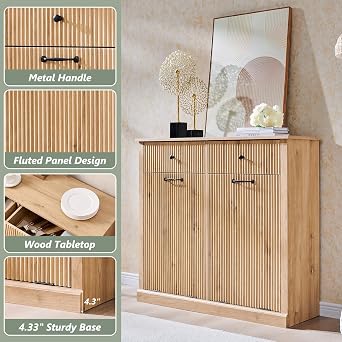 IFGET Modern Double Tilt-Out Trash Cabinet, 20 Gallon Fluted Laundry Hamper Cabinet with 2 Drawers, Wooden Hidden Garbage Can Cabinets with Storage Basket for Kitchen & Living Room, Natural Oak