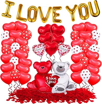 Huge, I Love You Balloons Set - Pack of 54 | Pack of 2000 Rose Petals for Romantic Night for Him Set | Red Heart Balloons,...