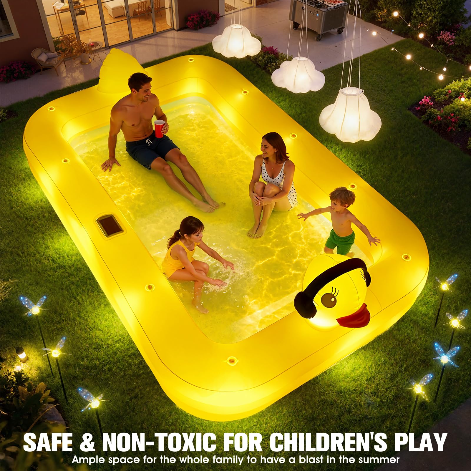 KingSom Aufblasbarer Pool mit Poolbeleuchtung, Solar Enten Planschbecken Groß für Kinder und Erwachsene, Aufstellpool Pool Rechteckig für Sommer, 254 x 160 x 56 cm Familienpool Aufblasbar für Garten