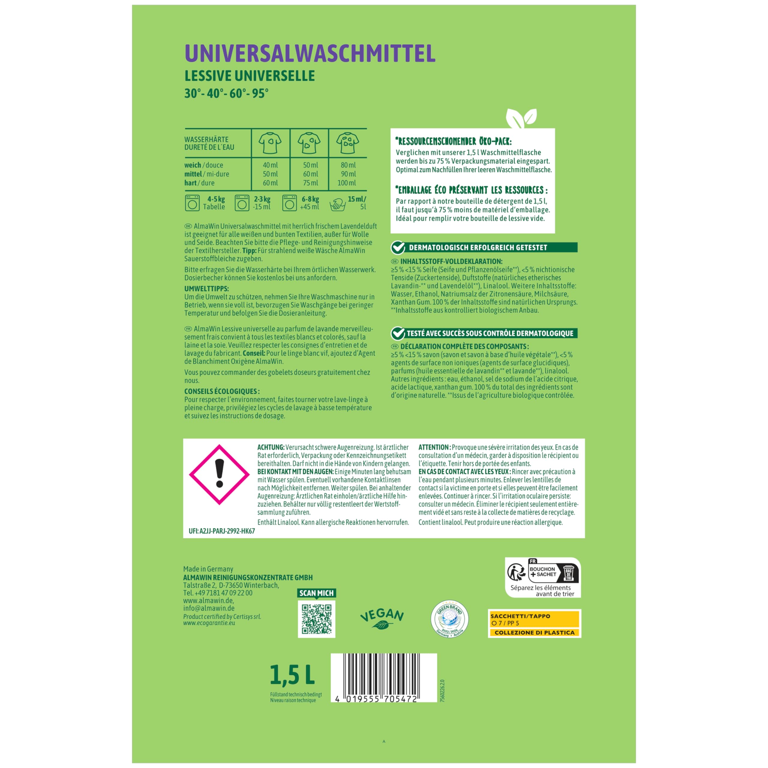 AlmaWin® Universal Waschmittel Flüssig [2x 1,5L - 50 Ladungen] mit Lavendelduft - Flüssigwaschmittel sauber ab 30°C - Waschmittel für Weißes & Buntes im Öko-Pack Nachfüllbeutel - Öko & VEGAN