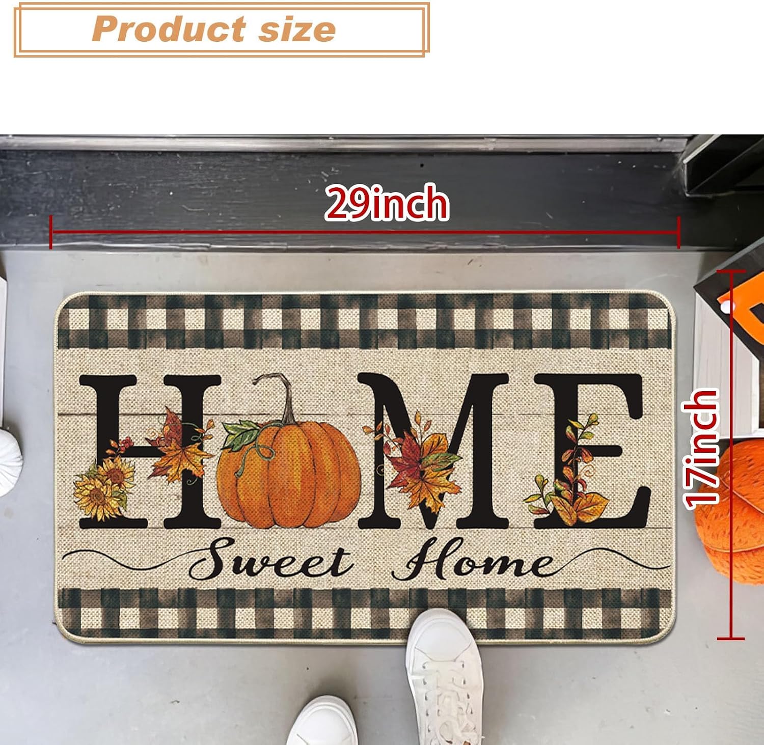 Baccessor Home Sweet Home Fall Doormat Rug Indoor Outdoor Autumn Leaf Thaksgiving Pumpkin Decorative Front Door Mat Non-Slip Rubber Backing Seasonal Kitchen Entrance Floor Decoration 17 x 29 Inch