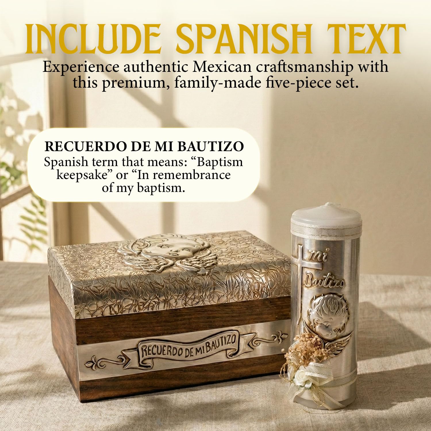 Ensemble de bougies de baptême pour garçons et filles dans une boîte de décoration de qualité supérieure avec serviette, chapelet et coquillage inclus – Velas para bautizo Recuerdos de bautizo – Kit