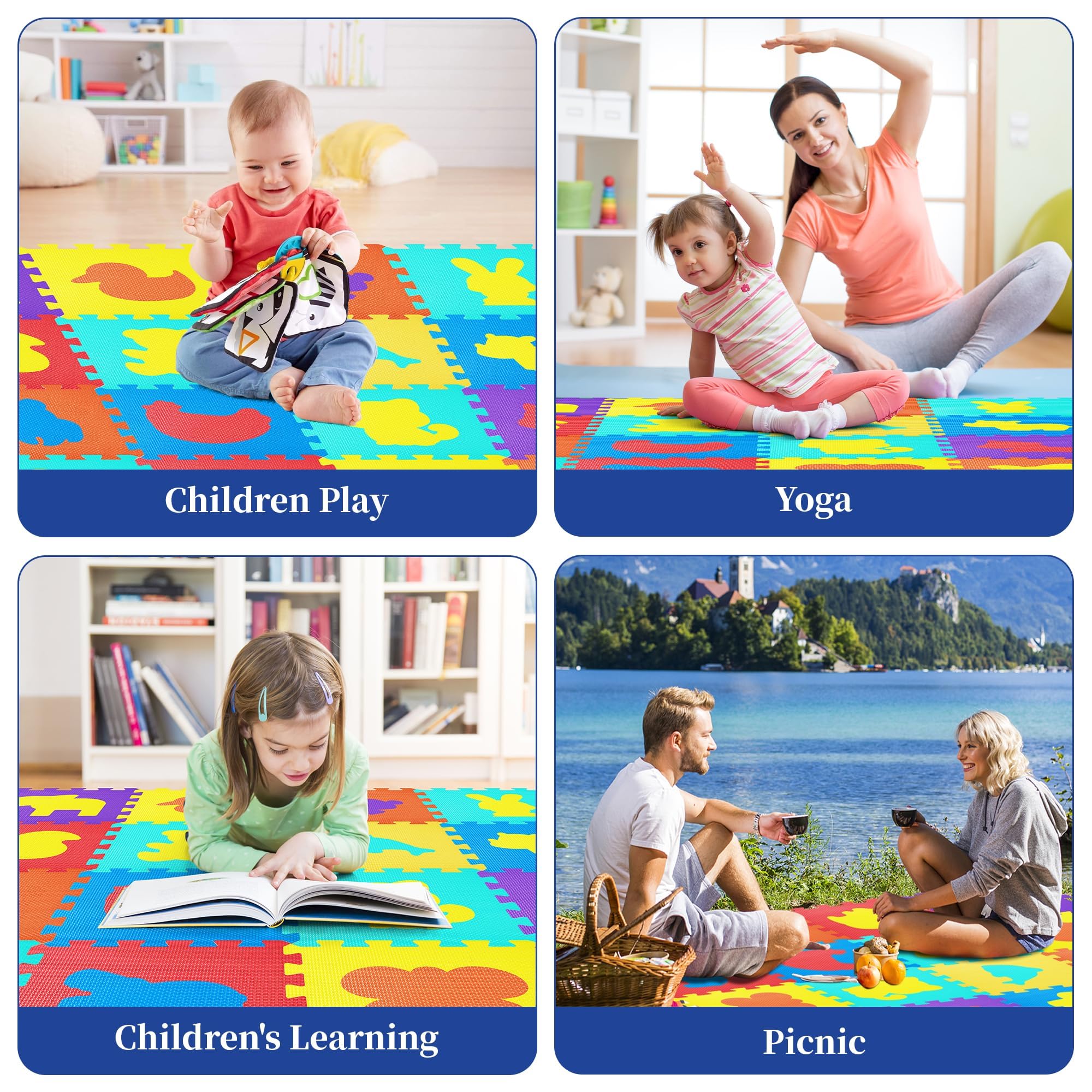 Tappeto Puzzle Bambini 16 Pezzi (120x120 cm) - Schiuma EVA Sicura | Motivi Animali Educativi | Antiscivolo | Impermeabile | Per Asilo/Casa