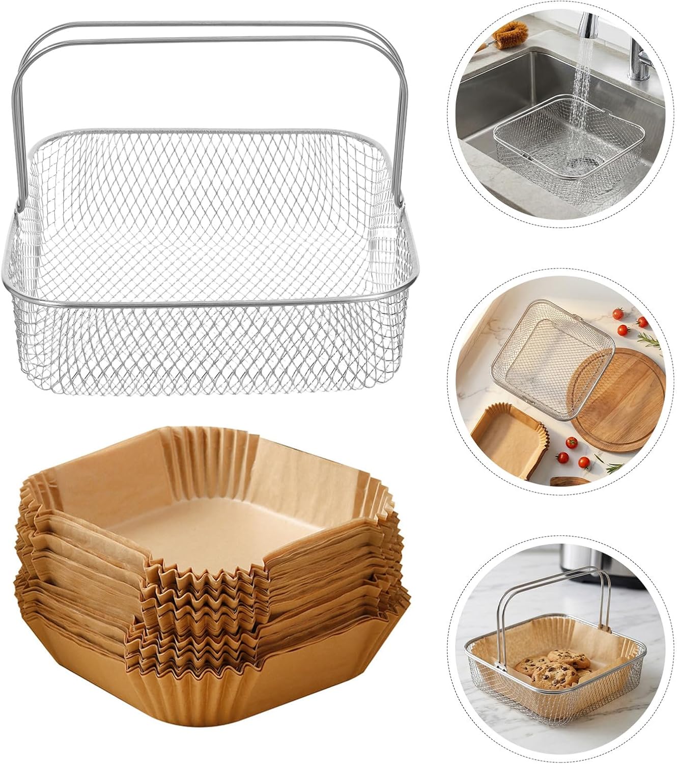 Cabilock 1 Set Stainless Steel Square Air Fryer Basket, 8" Mesh Fryer Basket with Handle + Disposable Nonstick Parchment Liners, Replacement Oven Accessory for Home Cooking