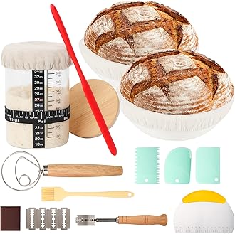 HOXHA Sourdough Bread Baking Supplies, Bread Proofing Basket Making Supplies Tool, set of 2 9inch Round Ratten Bread Proofing Basket, 1000ml Sourdough Starter Jar