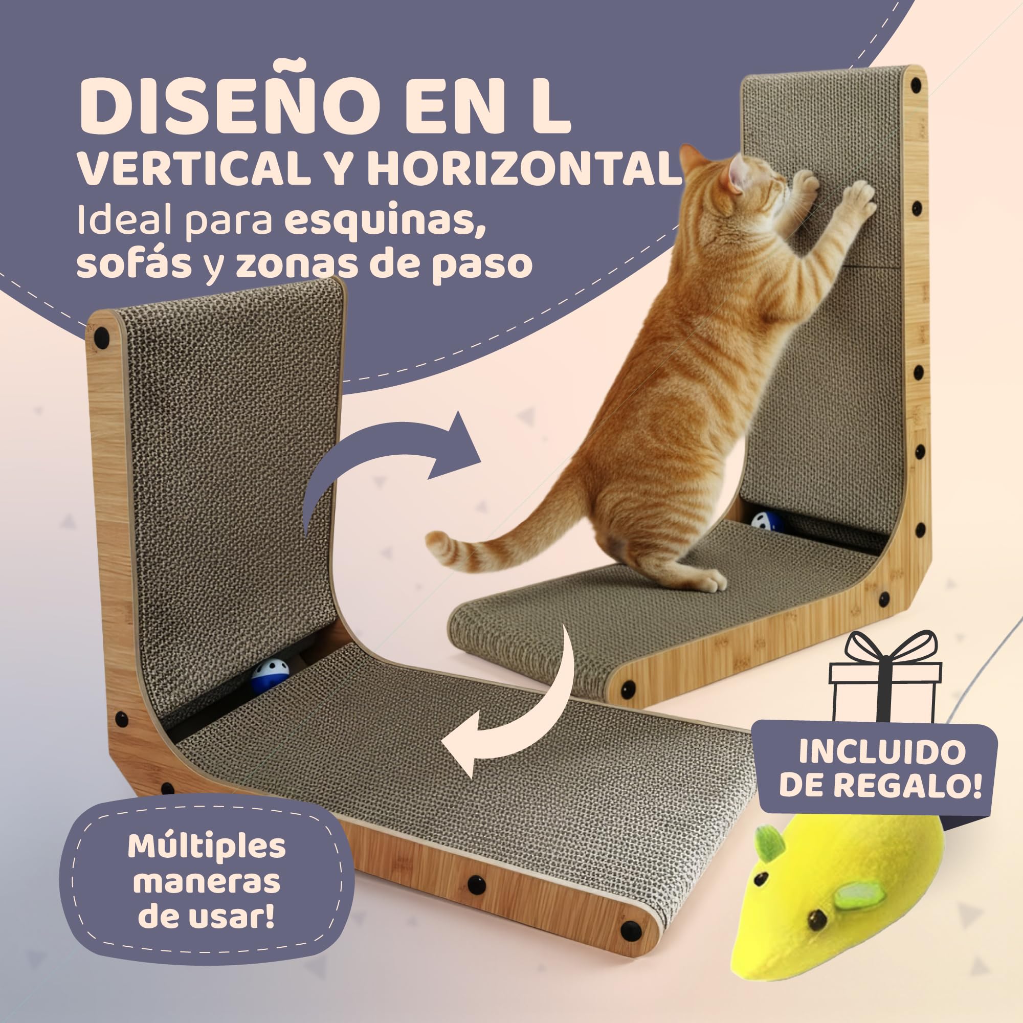 Rascador para Gatos en Forma de L Mokato - Cartón Ondulado Reversible, Base Antideslizante, con Ratón y Matatabi (Silvervine) Natural, 3 Tamaños S/M/L - (L (68 x 42 cm))