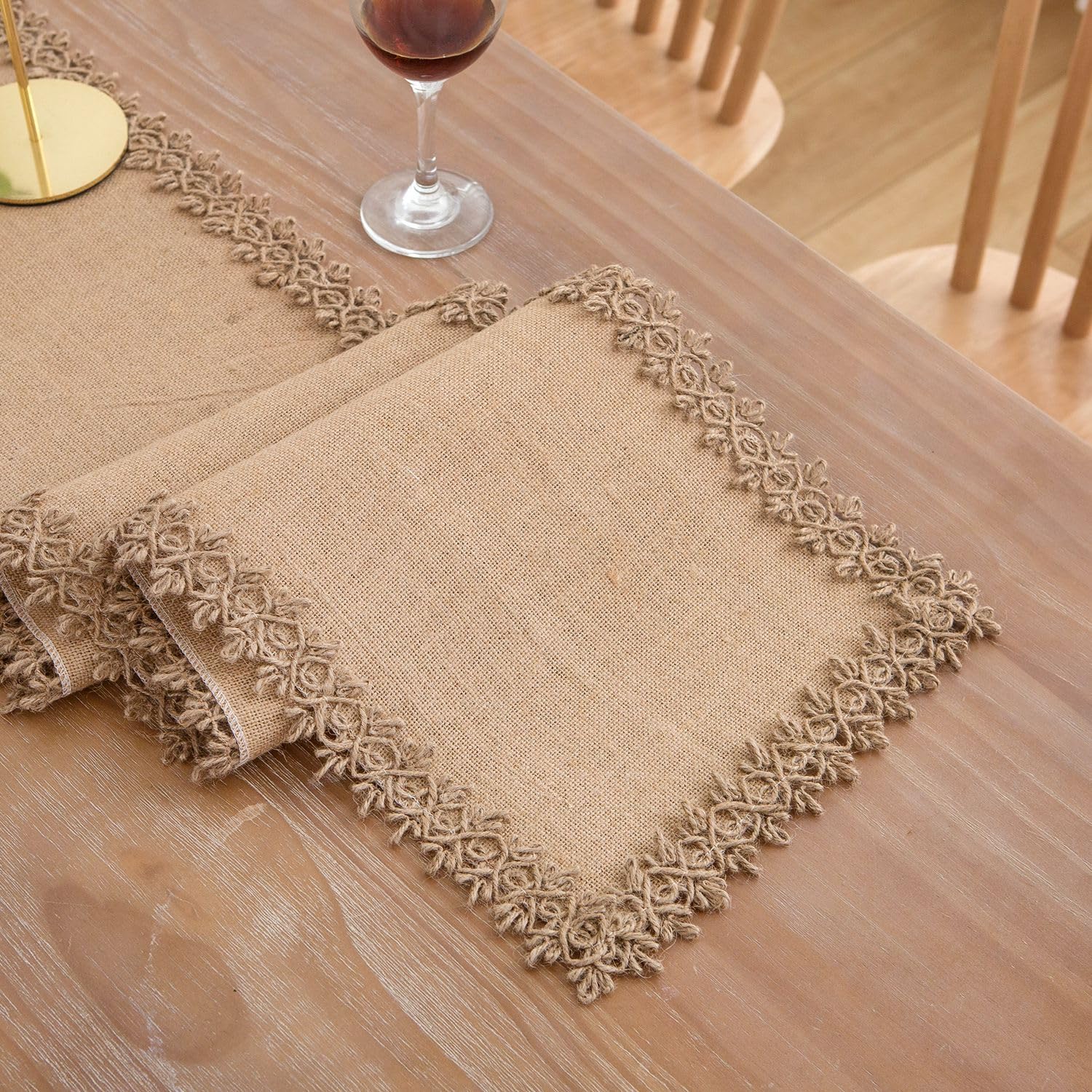 LIGICKY Natural Burlap Table Runners 108 Inches Long Farmhouse Rustic Jute Woven Macrame Table Runner for Dresser Wedding Home Dining Table Decor 12x108 inch, Brown