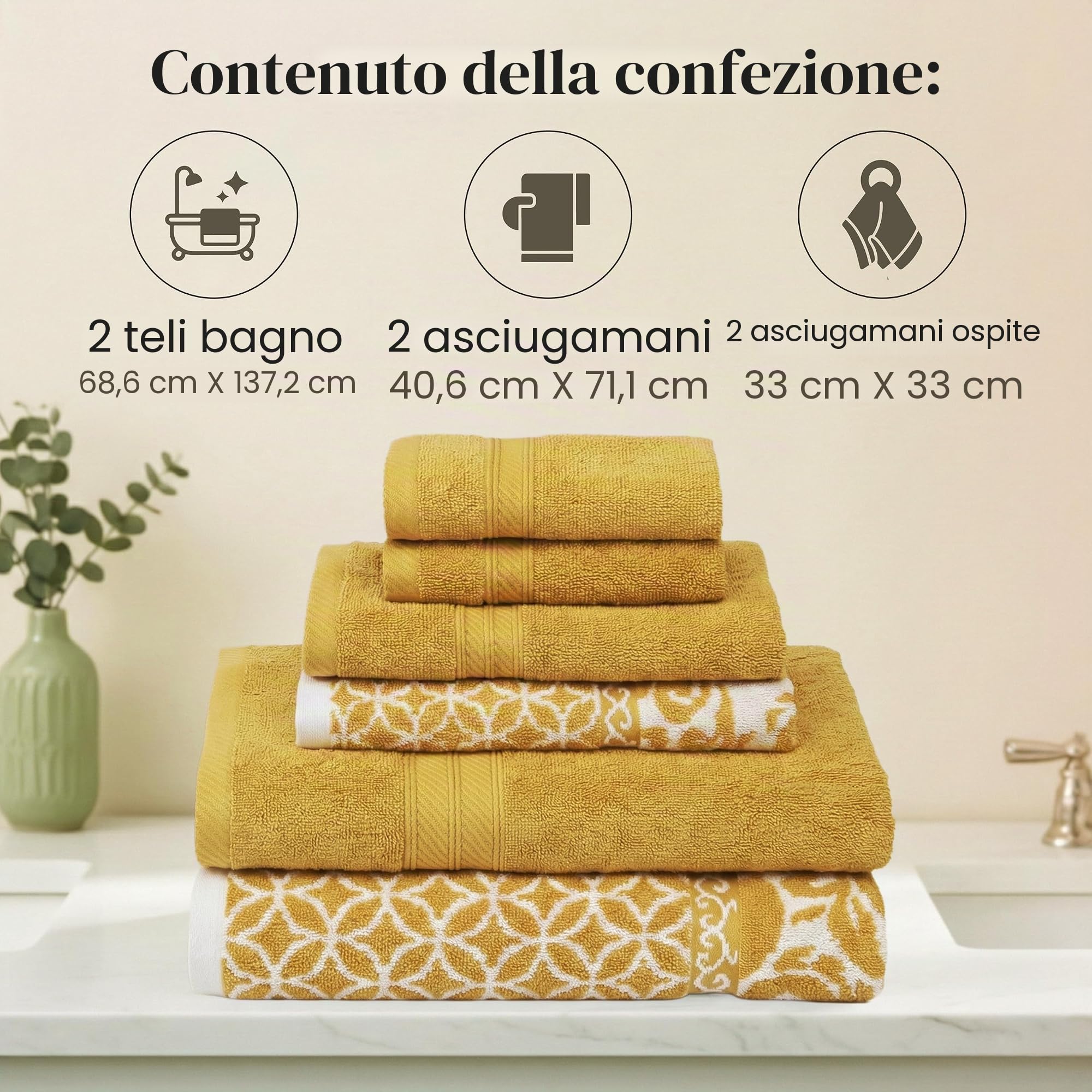 Modern Threads - Set di 6 asciugamani 100% cotone, filigrana a trifoglio, jacquard reversibile tinto in filo, 2 asciugamani da bagno, 2 asciugamani per le mani, 2 lavette, assorbenti e morbidi, oro