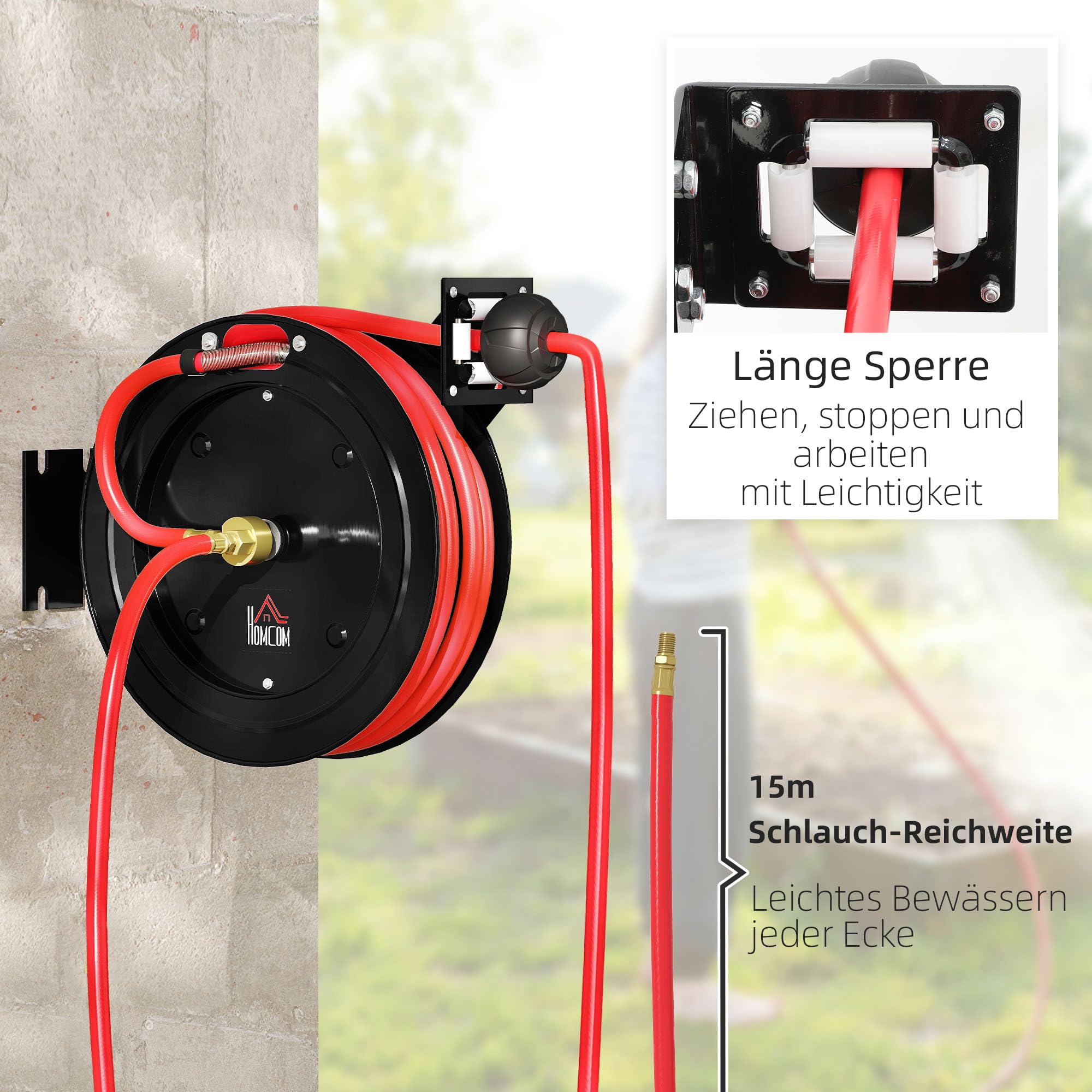 HOMCOM Carrete manguera aire automático 15m+1m | Conexión 1/4", 9,5x15,8mm, máx 20 bar, freno manguera, carrete con soporte pared.