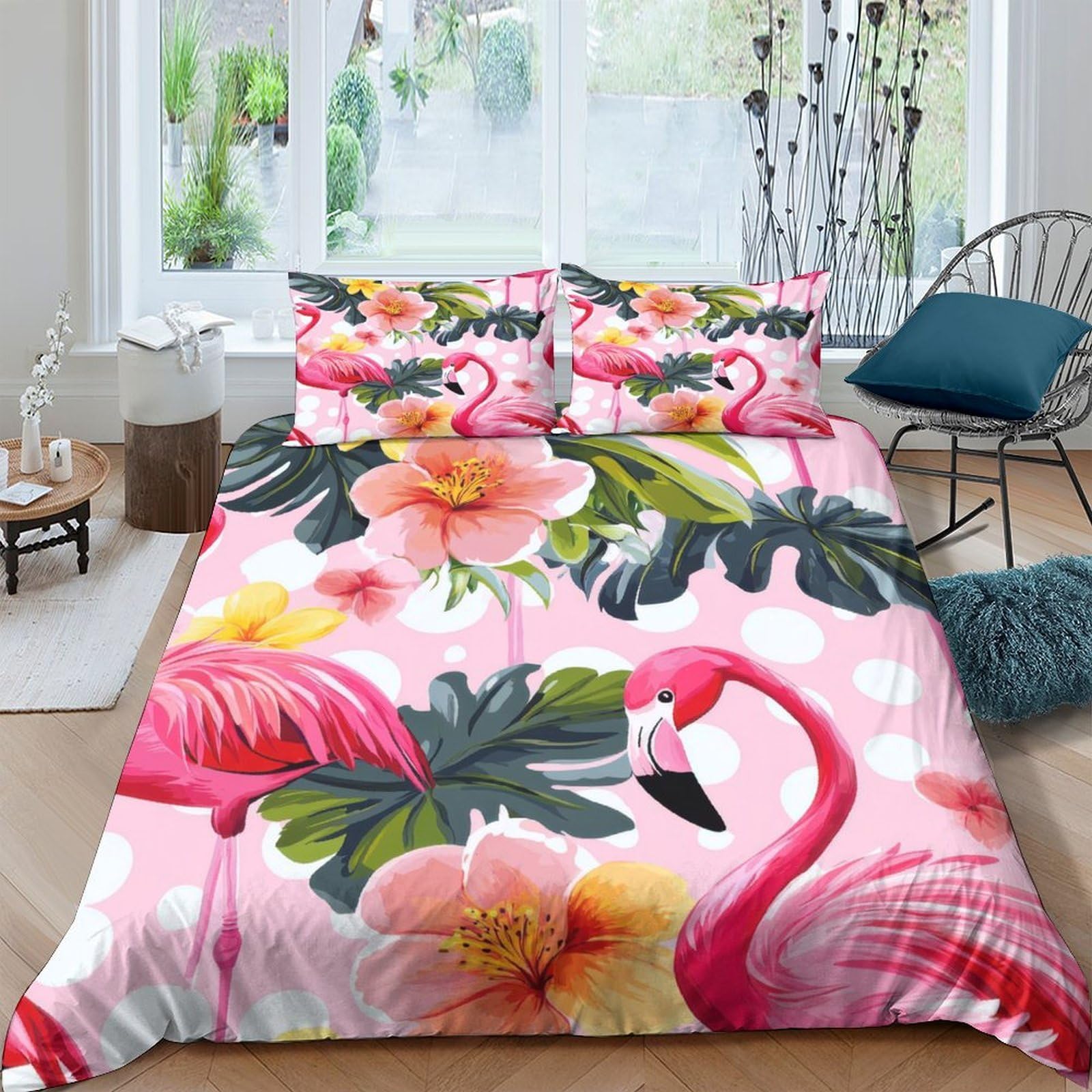 GPLZQXKJNH 3D Printed Flamingo Tropical Flower Duvet Cover Microfiber Soft Breathable Bedding Set with 2 Pillowcases for Bedroom Decor Single（135x200cm）