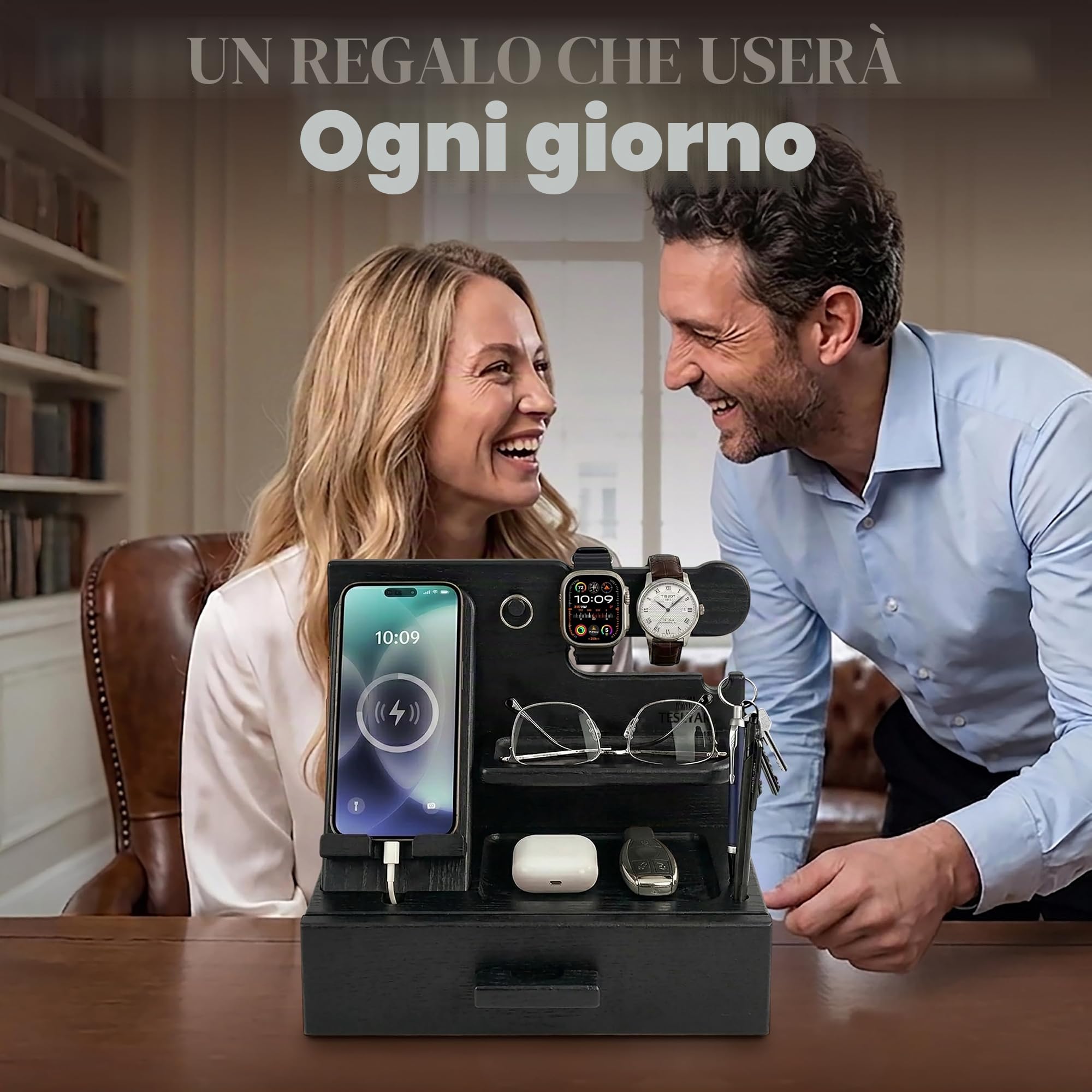 TESLYAR Docking station per telefono in legno con cassetto, organizer da comodino, organizzatore da scrivania per marito, regalo di compleanno per uomini, papà, idea di compleanno, portachiavi