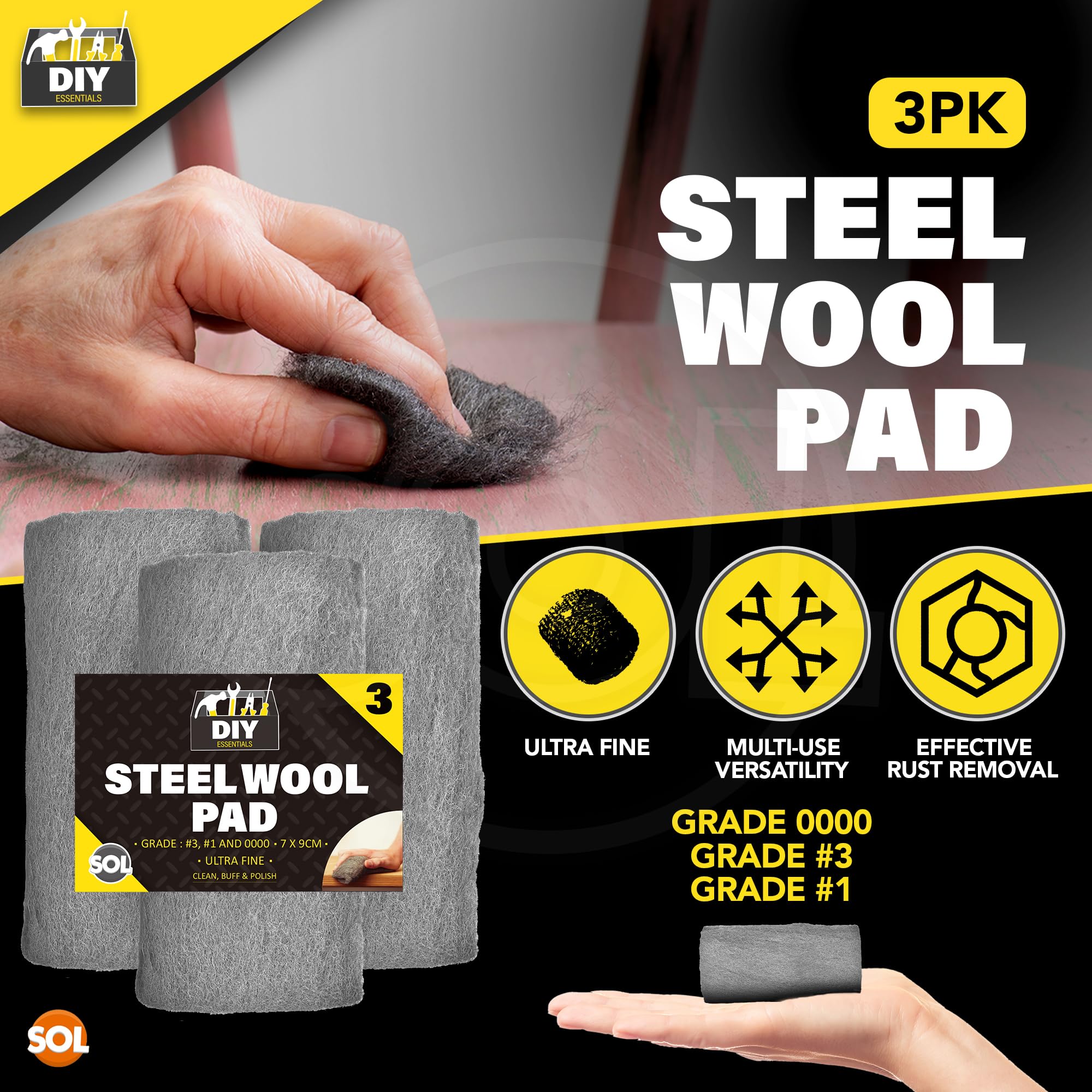 SOL 3 Meter Steel Wool Pads, 1m Grade 0000, 1 & 3, Assorted Grades Wire Wool for Cleaning Polishing & Sealing Small Holes - Image 3