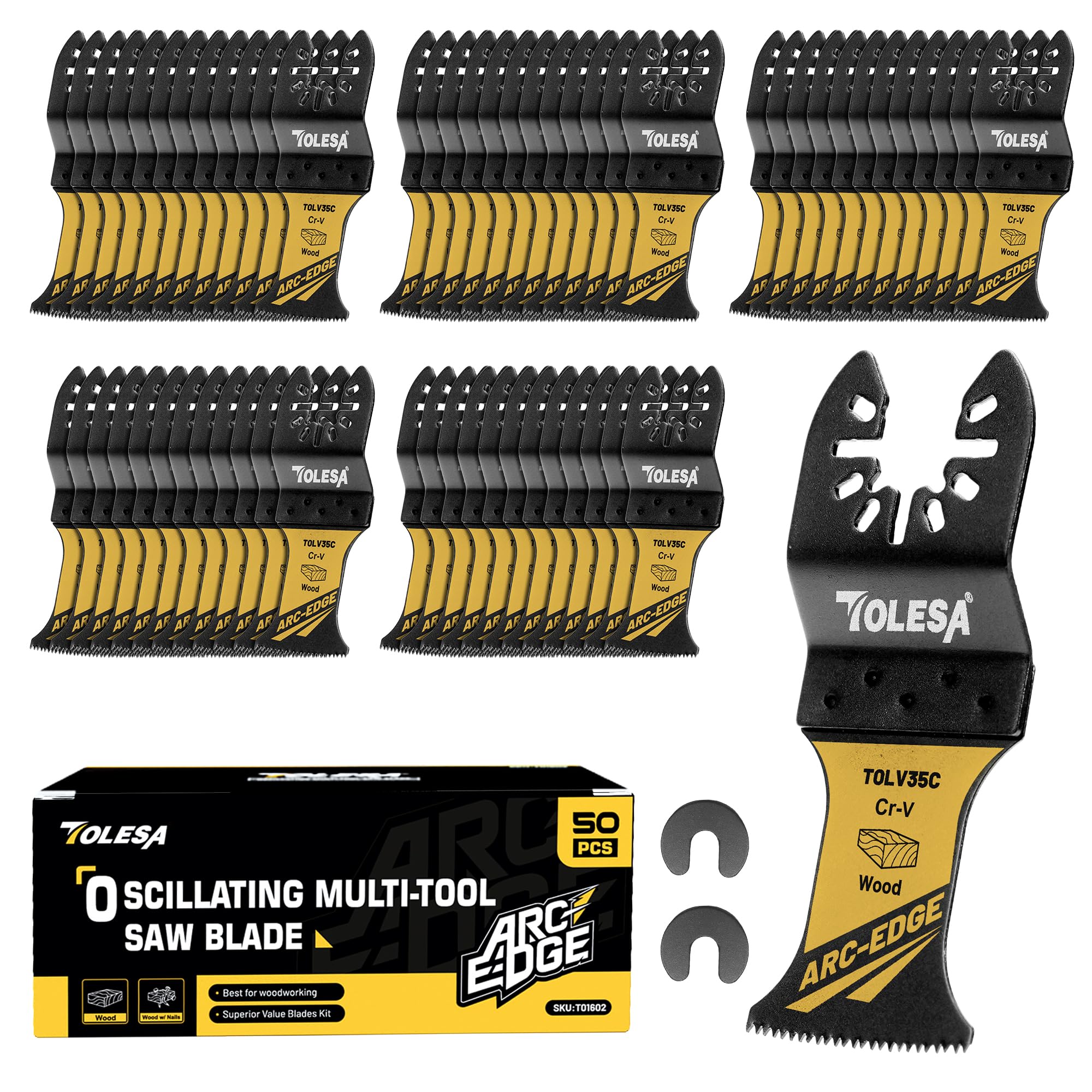 TOLESA 50PCS Arc Edge Oscillating Saw Blade Wood, CR-V Oscillating Tool Blades, Oscillating Multitool Blades Clean Cut for Wood, Plastic