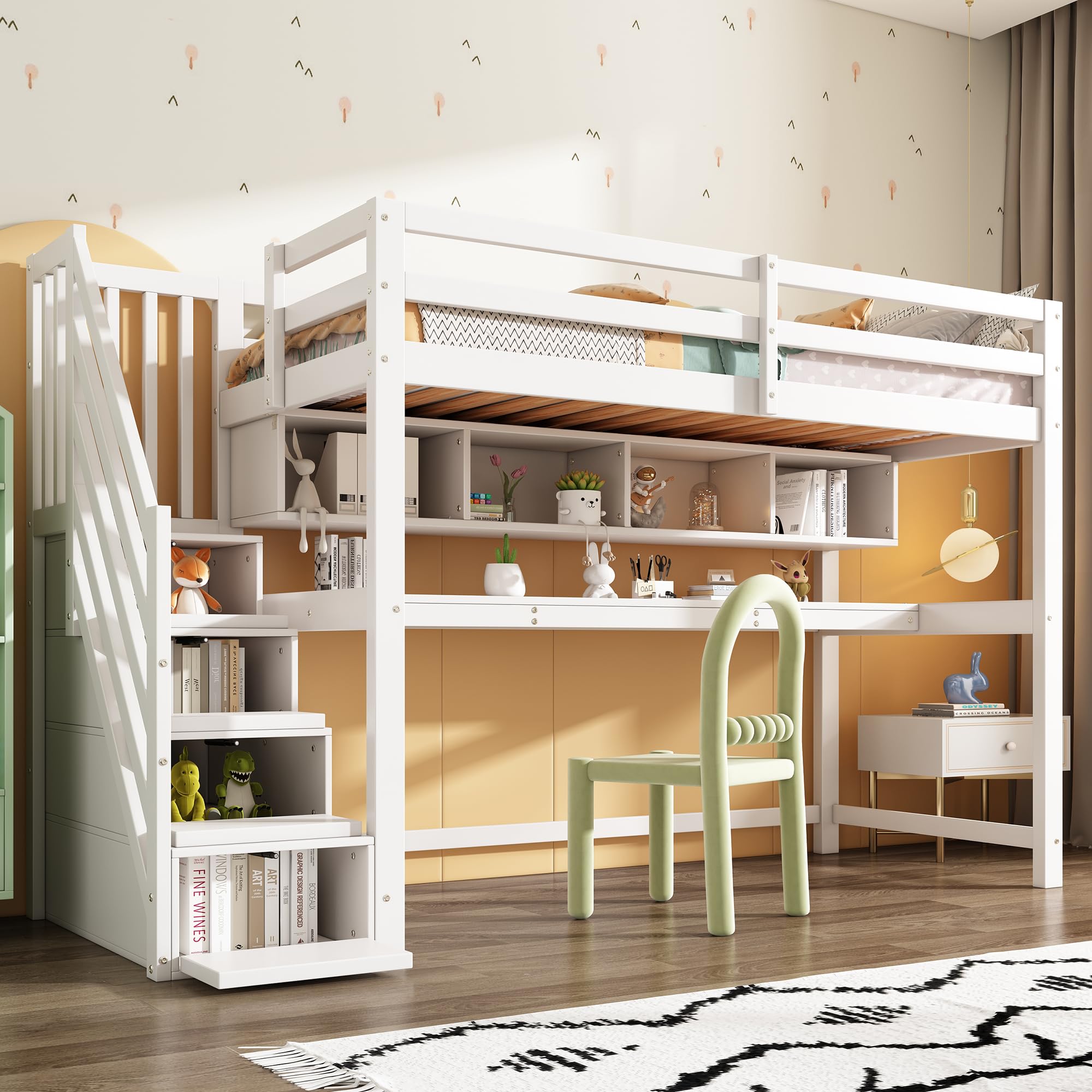 Hochbett Kinder 90x200 mit Schreibtisch, Kinderbett mit Stauraum-Treppe und Bücherregalen, Massivem Kiefernholz, Weiß,1 Kinder (B-Weiß)