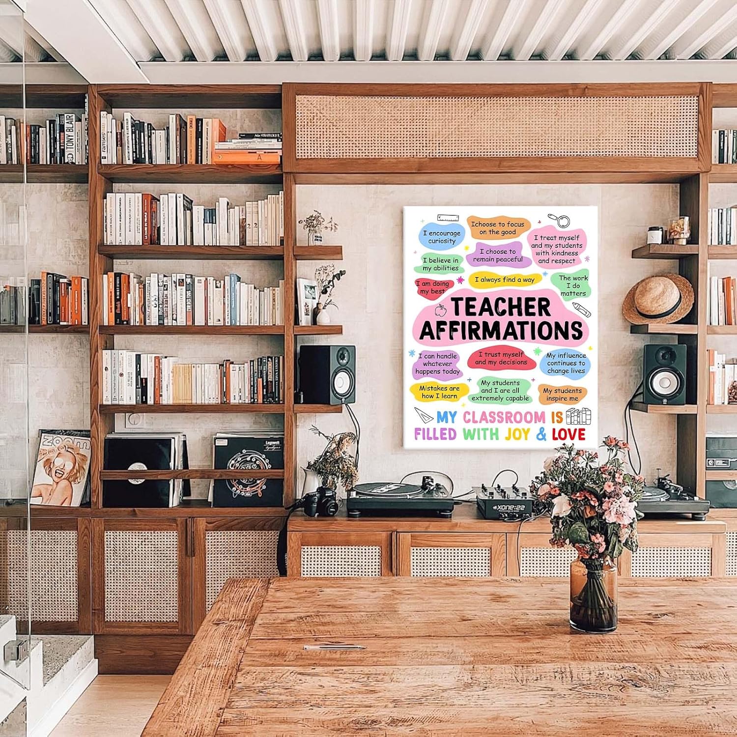 Back to School Canvas Wall Art, Daily Teacher Affirmations Poster Print, Inspirational Educator Quote Print Framed Oil Painting for School Office, Teacher Desk, or Classroom Decor 11x14inch
