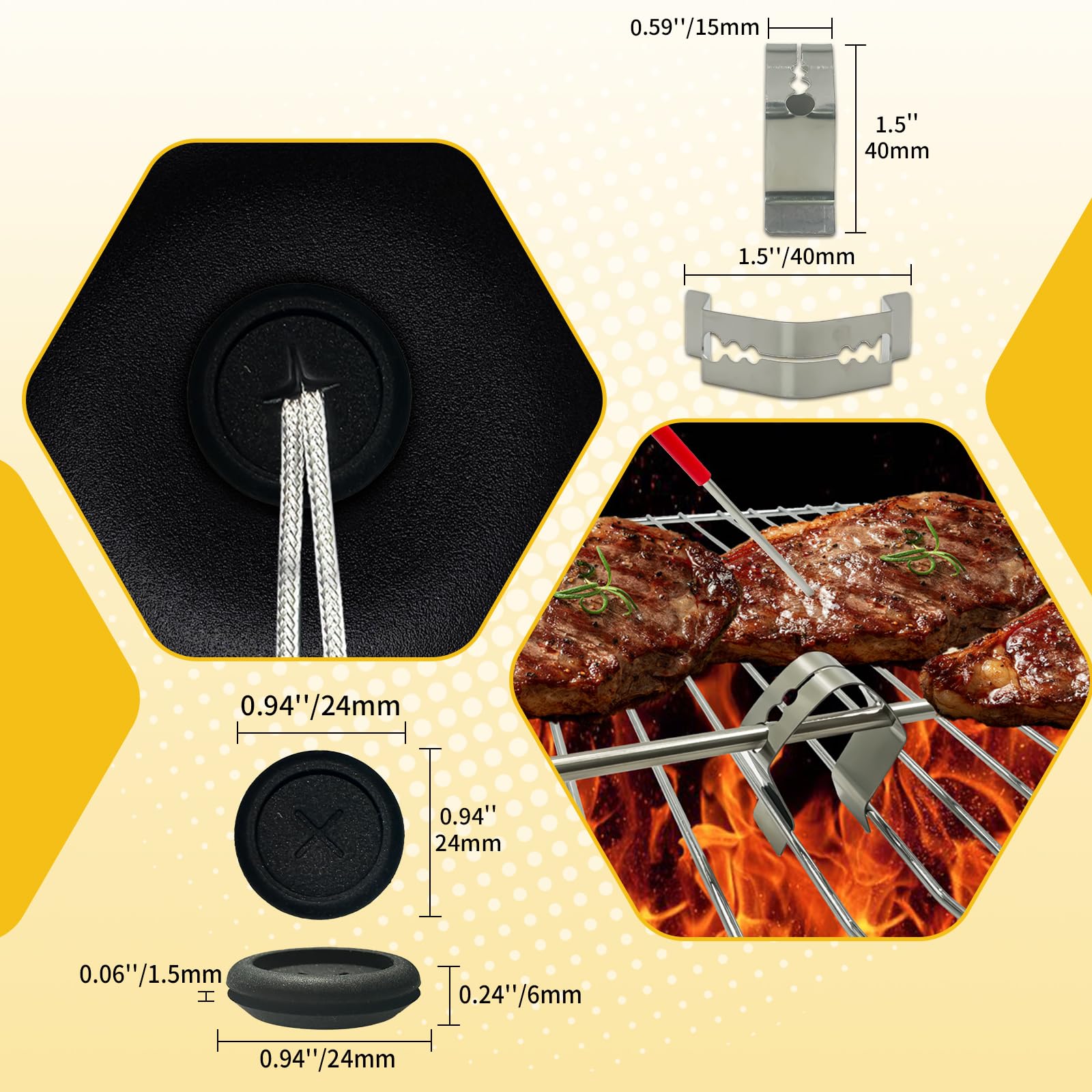 Sonda di temperatura per carne per griglie a pellet e accessori per affumicatori, con spina da 3,5 mm, con 2 sonde per carne, occhielli, cilindri