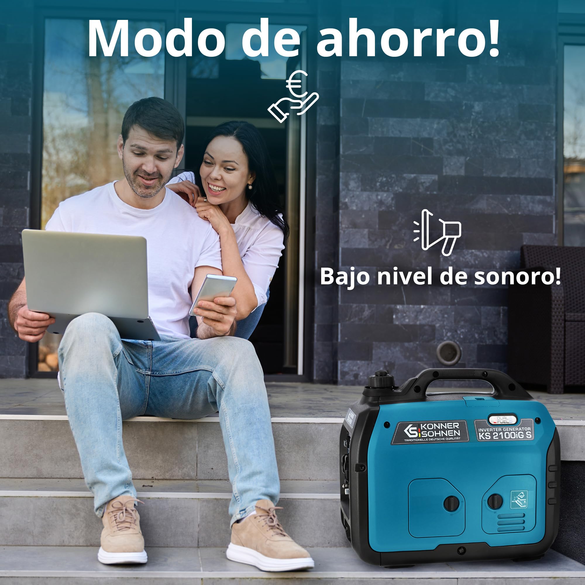 Könner & Söhnen KS 2100iG S Generador Inverter Gasolina 2000W Schuko Socket 230V 2 Puertos USB Indicador LED Modo ECO Generador de Emergencia EURO V