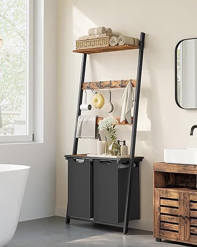 Miniatura 3 de VASAGLE Laundry Basket, 2-Section Laundry Hamper with Blanket Ladder, Pull-Out and Removable Liners, Shelf, 5 Hooks, 2 x 12.1 Gallons, 28.7 x 13 x