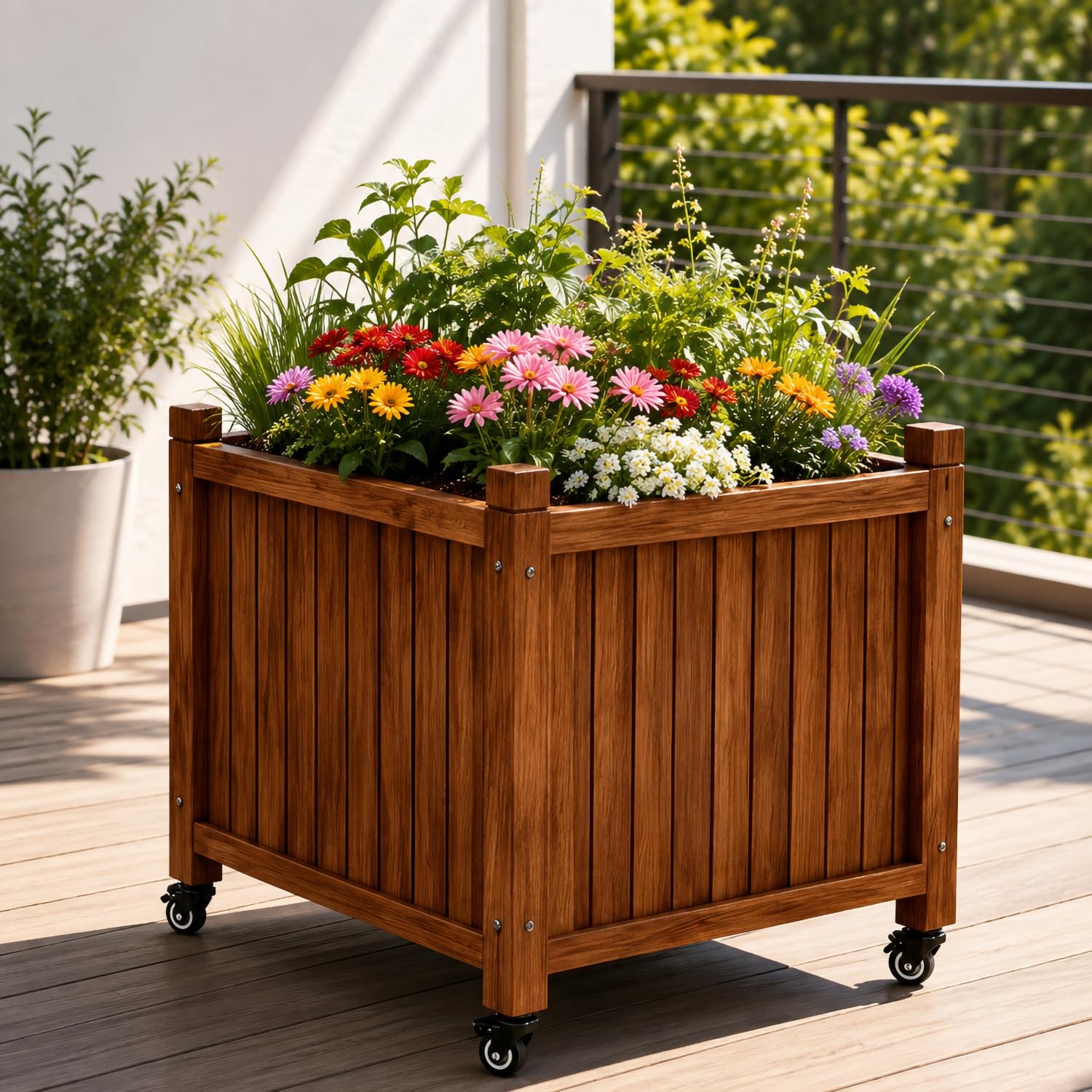 Letto da Giardino Rialzato con Ruote E Vasca Lunga Rettangolare, Cassone Orto Lungo Muro, Vaso per Fiori per Erbe, Fiori E Verdure su Patio E Terrazza Esterna,45 * 45 * 65cm/17 * 17 * 25in