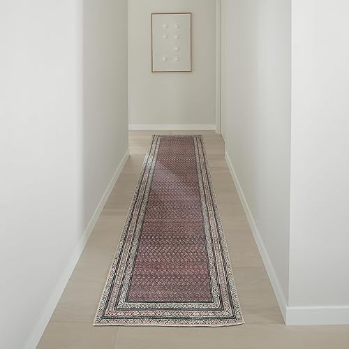 Rustic Red and Gray Low Pile Runner Rug – Vintage Look 2’6” x 10’ for Hallway or Entryway – Durable Easy-Care, Easy to Clean, Pet & Kid Friendly