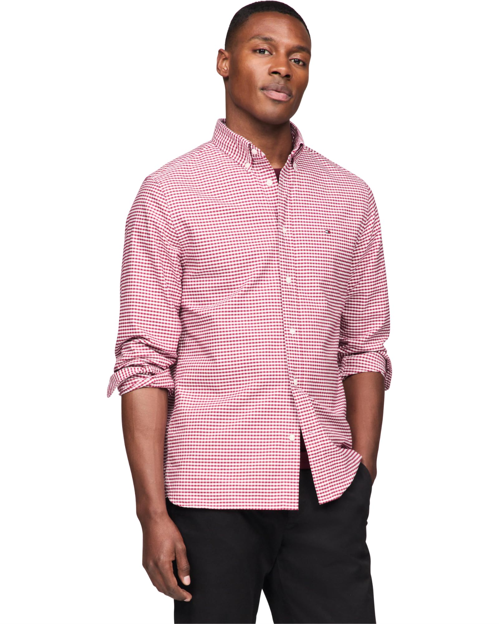 Tommy Hilfiger Men's Long Sleeve Oxford Shirts in Regular Fit, Men's Button Down Shirts, Also Available in Big and Tall Rouge/White 4X-Large