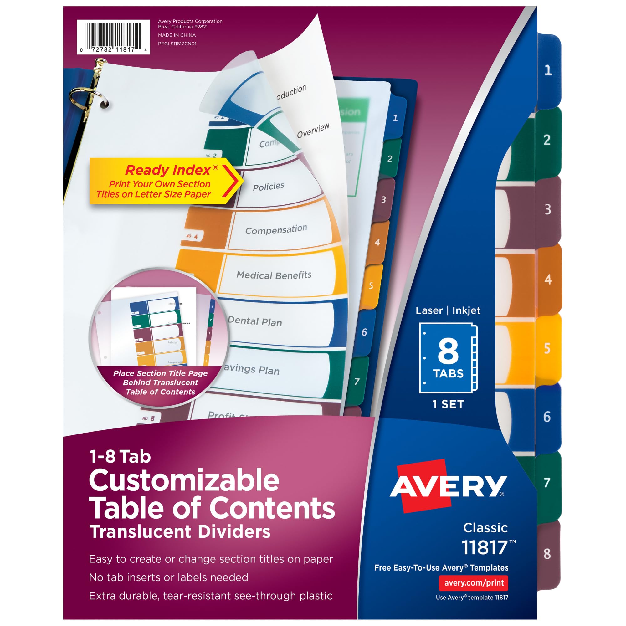 Avery(r) Ready Index(r) Translucent Multicolor Table of Contents Dividers DIVIDER,RDY INDX,8TB,AST 33723DL