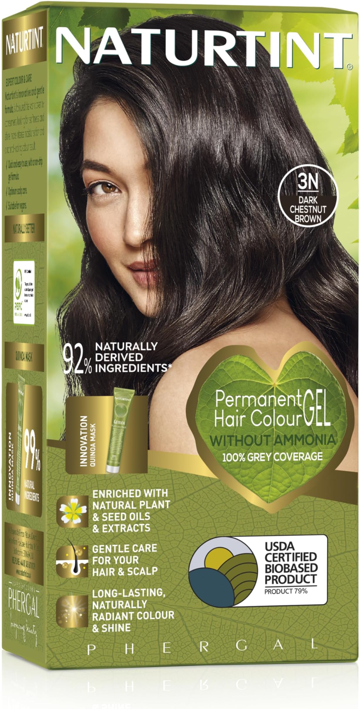 Permanent Hair Colour Gel 3N Dark Chestnut Brown, Plant Enriched, Biobased, Ammonia Free, Long Lasting Grey Coverage and Radiant Colour, Nourishment and Protection