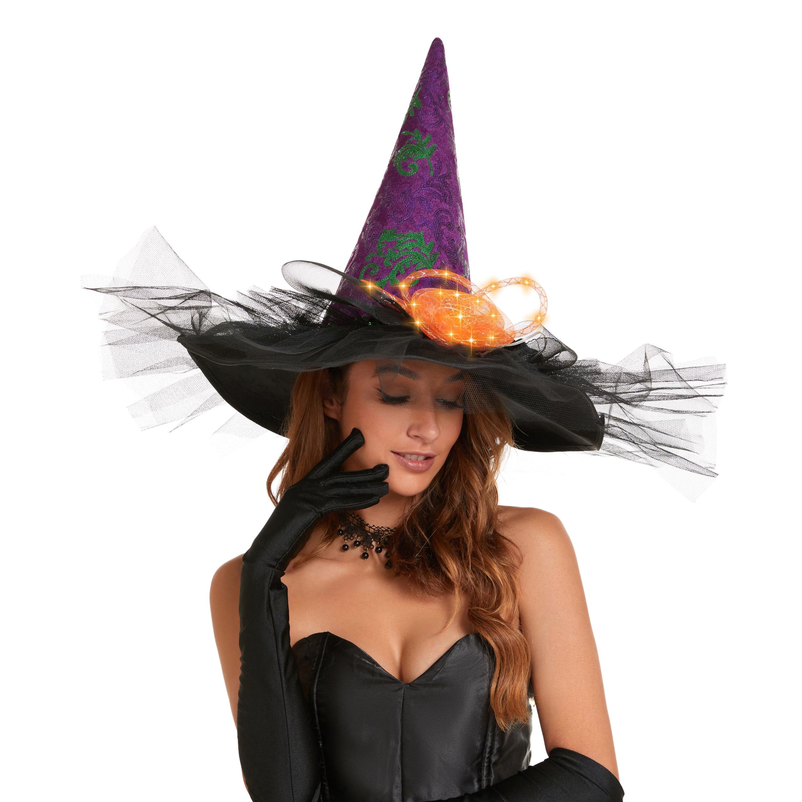 ToiyasonHalloween Women Witch Hat with LED Lights Costume Gauze Feathers Spiders Decoration for Festival Carnival Party