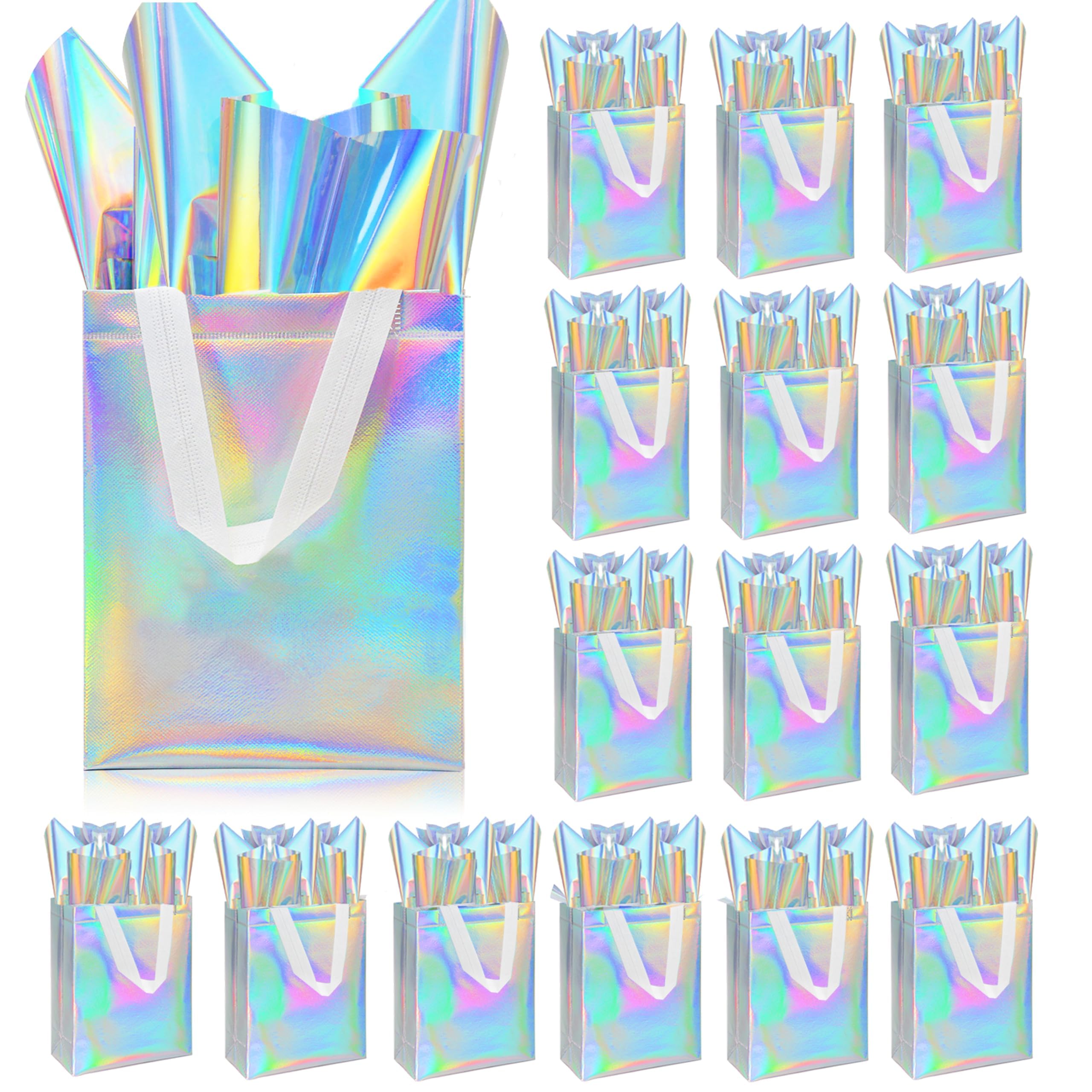 ZIFTY 15PCS Iridescent Gift Bags with Handles, Reusable Non-woven Goodie Christmas Gift Bags Bulk with Tissue Papers for Birthday, Wedding, Easter,
