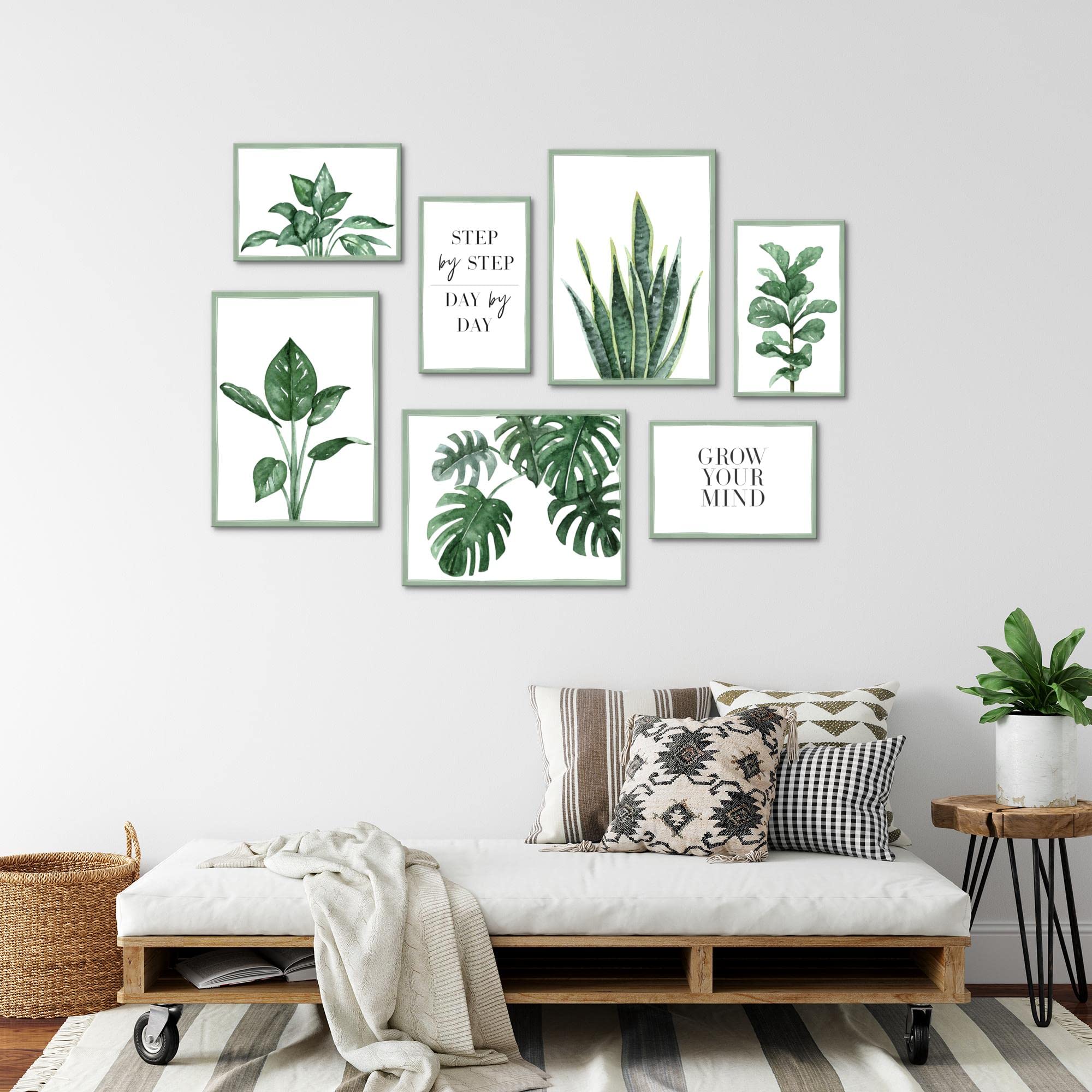 Novart Wandbilder Grüne Blätter - KOMPLETT AUFHÄNGFERTIG - Natur Wohnzimmer Schlafzimmer - 7 Moderne Mood-Bilder - N024071a