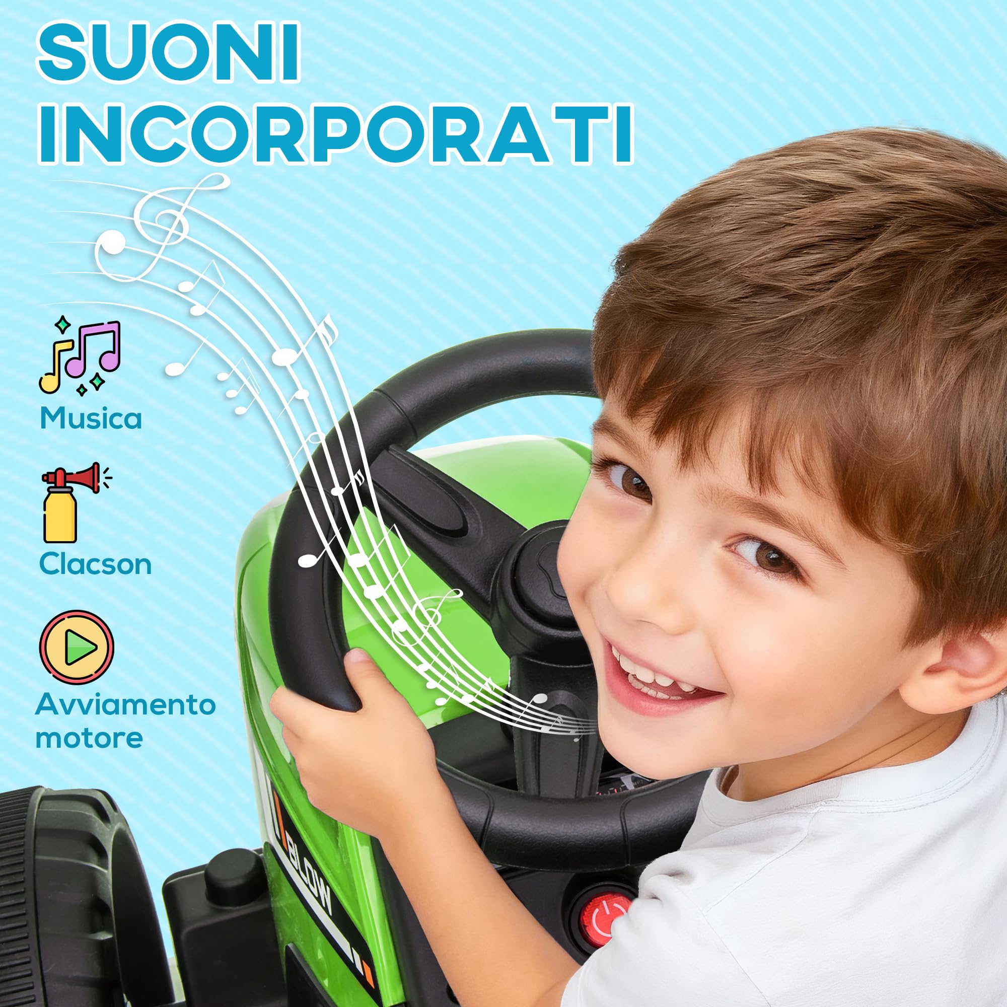 HOMCOM Trattore Elettrico per Bambini Rimorchio Rimovibile 3-6 Anni Verde | Batteria 12V Ricaricabile con Telecomando, Porta USB, Musica Preinstallata e Luci