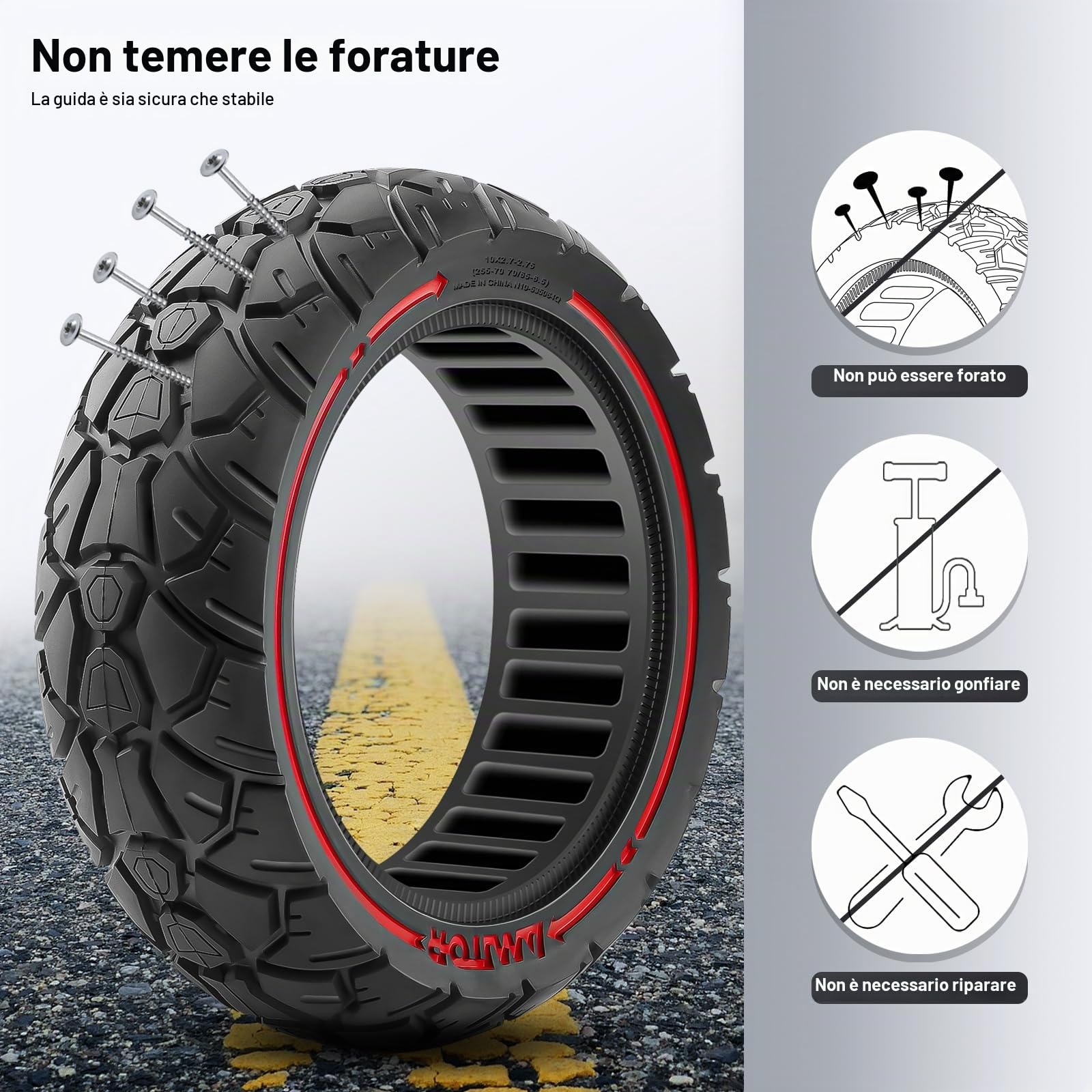 10x2.70-2.75 Ruota Piena Monopattino Elettrico, Gomma Piena Monopattino 10 Pollici, 70/65-6.5 Ruote di Ricambio Antiforatura, 255x70 Off-Road Ruote Monopattino Elettrico (Fessura 53.5), 1PCS