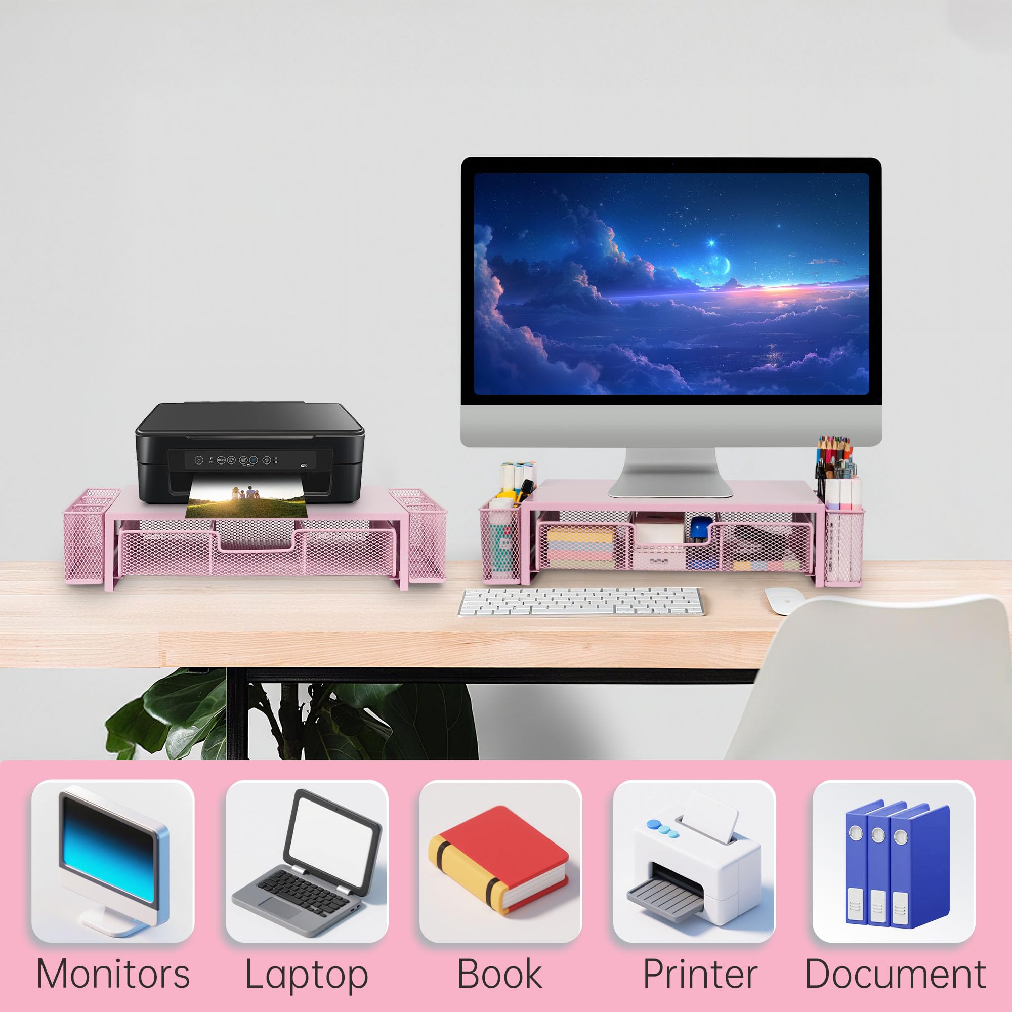Qupui Supporto per monitor del computer con cassetto e portapenne, organizer da scrivania e accessori, accessori da scrivania per ufficio, organizzazione ufficio, rosa